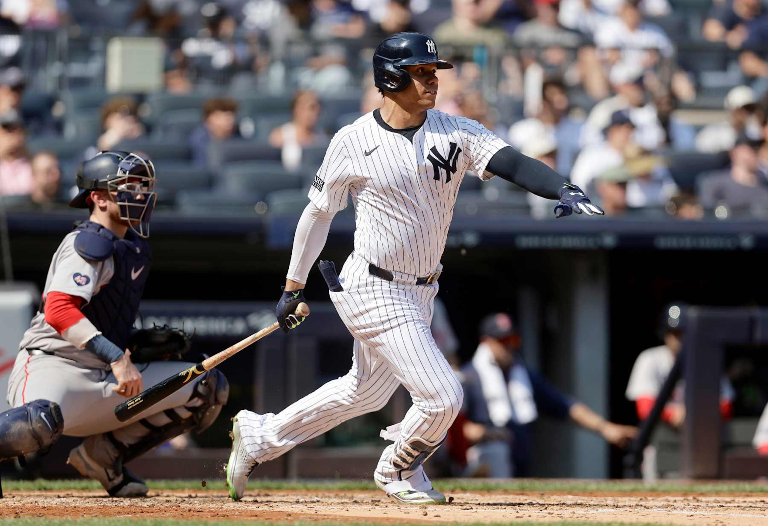 NEW YORK, NEW YORK - SEPTEMBER 14:  Juan Soto #22 of the New York Yankees in action against the Boston Red Sox at Yankee Stadium on September 14, 2024 in New York City. The Red Sox defeated the Yankees 7-1.  (Photo by Jim McIsaac/Getty Images)