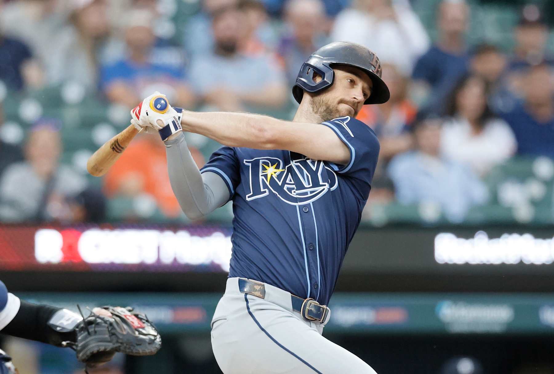 DETROIT, MI -  SEPTEMBER 25:  Brandon Lowe #8 of the Tampa Bay Rays bats against the Detroit Tigers in the first inning at Comerica Park on September 25, 2024 in Detroit, Michigan. (Photo by Duane Burleson/Getty Images)