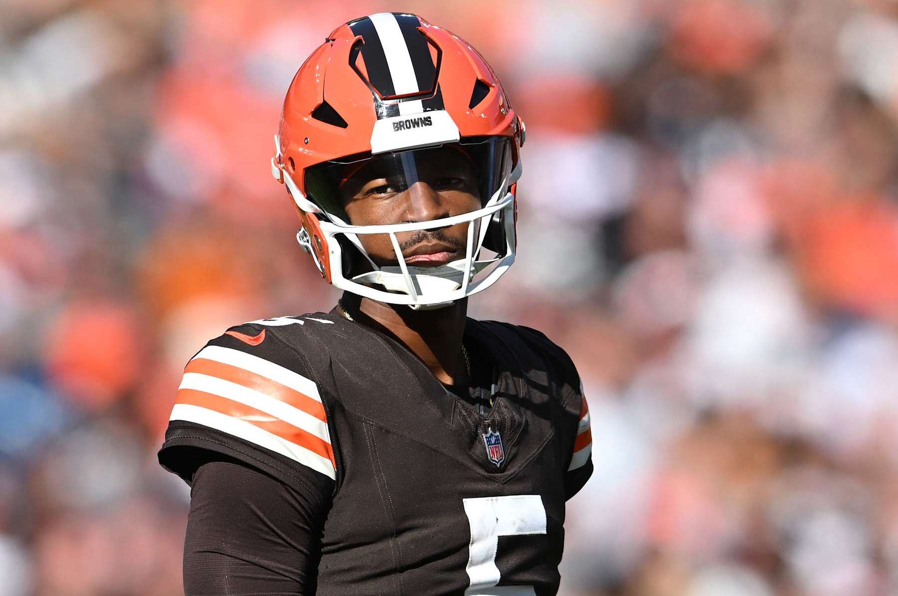 CLEVELAND, OHIO - OCTOBER 27: Jameis Winston #5 of the Cleveland Browns looks on in the third quarter of a game against the Baltimore Ravens at Huntington Bank Stadium on October 27, 2024 in Cleveland, Ohio. (Photo by Nick Cammett/Getty Images)