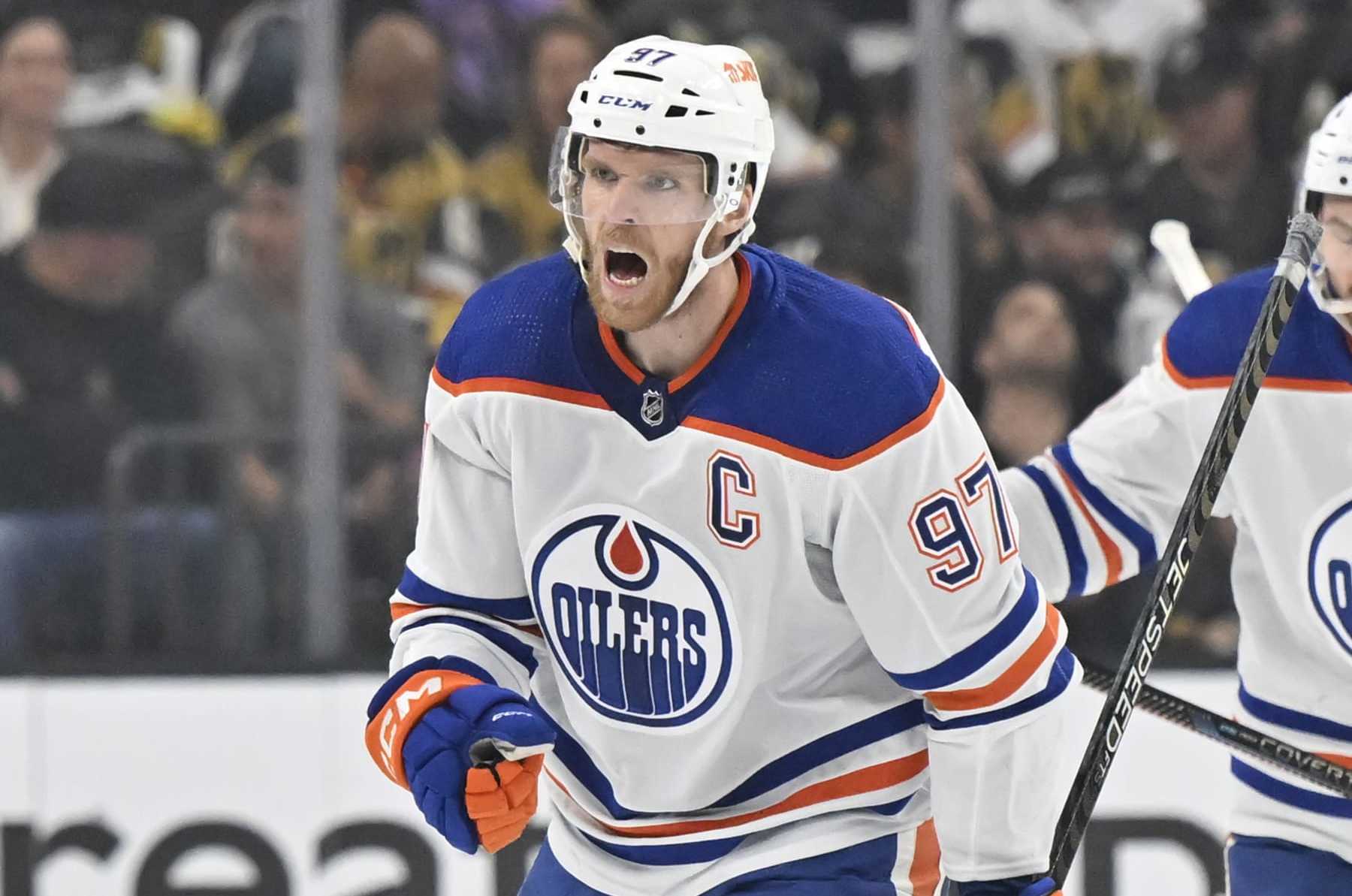 LAS VEGAS, NEVADA - MAY 12: Connor McDavid #97 of the Edmonton Oilers celebrates after scoring a goal during the first period against the Vegas Golden Knights in Game Five of the Second Round of the 2023 Stanley Cup Playoffs at T-Mobile Arena on May 12, 2023 in Las Vegas, Nevada. (Photo by David Becker/NHLI via Getty Images)
