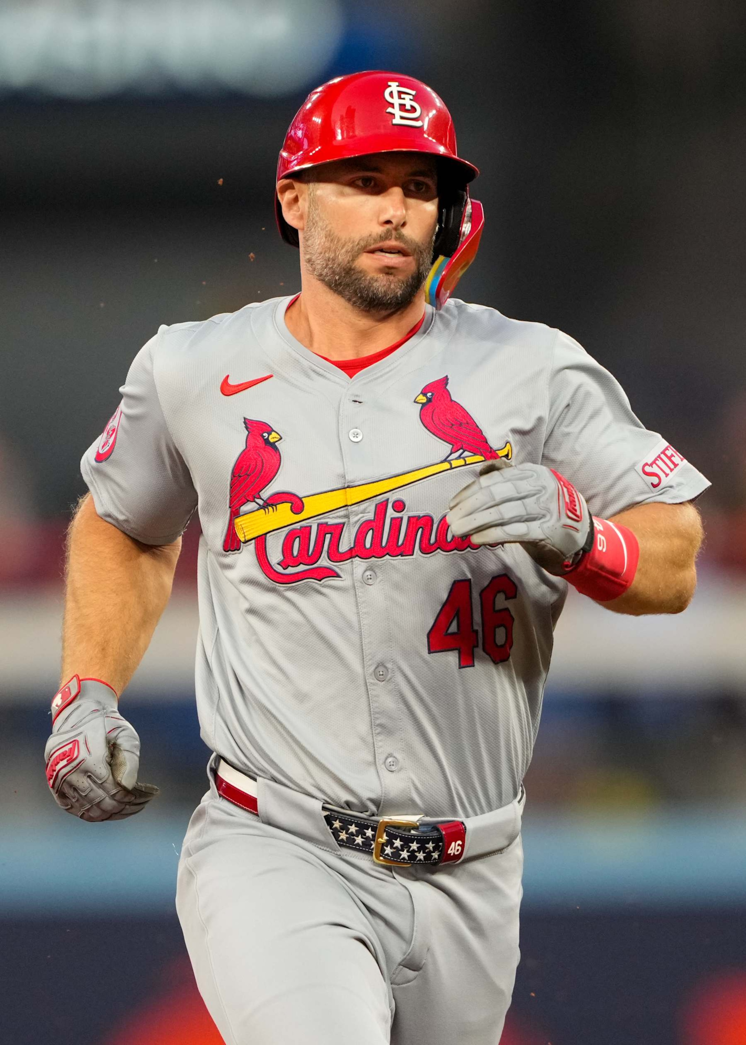 TORONTO, CANADA - September 13: Paul Goldschmidt #46 of the St. Louis Cardinals jogs off the field between innings against the Toronto Blue Jays at Rogers Centre on September 13, 2024 in Toronto, Canada. (Photo by Kevin Sousa/Getty Images)