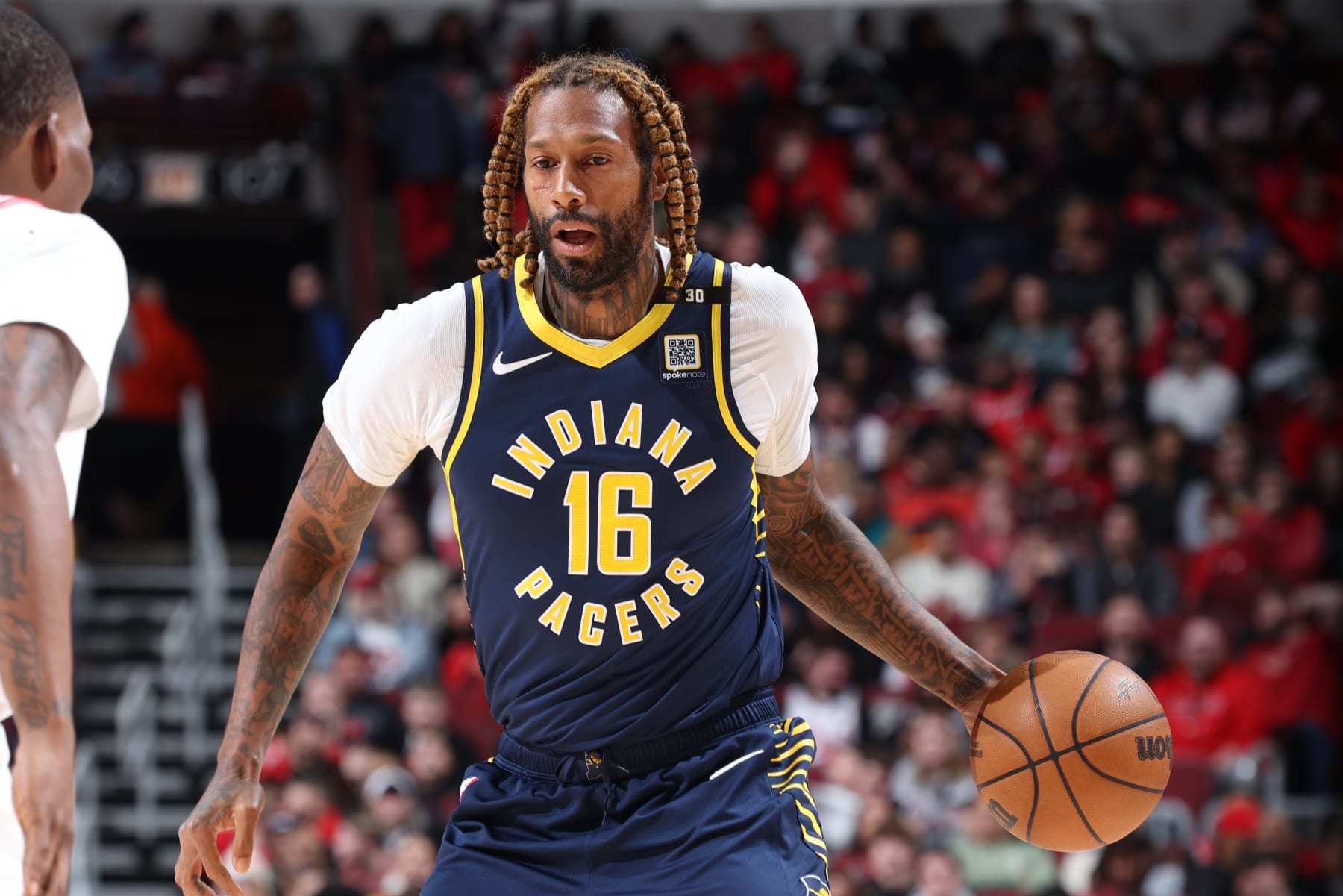 CHICAGO, IL - MARCH 27: James Johnson #16 of the Indiana Pacers dribbles the ball during the game against the Chicago Bulls on March 27, 2024 at United Center in Chicago, Illinois. NOTE TO USER: User expressly acknowledges and agrees that, by downloading and or using this photograph, User is consenting to the terms and conditions of the Getty Images License Agreement. Mandatory Copyright Notice: Copyright 2024 NBAE (Photo by Jeff Haynes/NBAE via Getty Images)