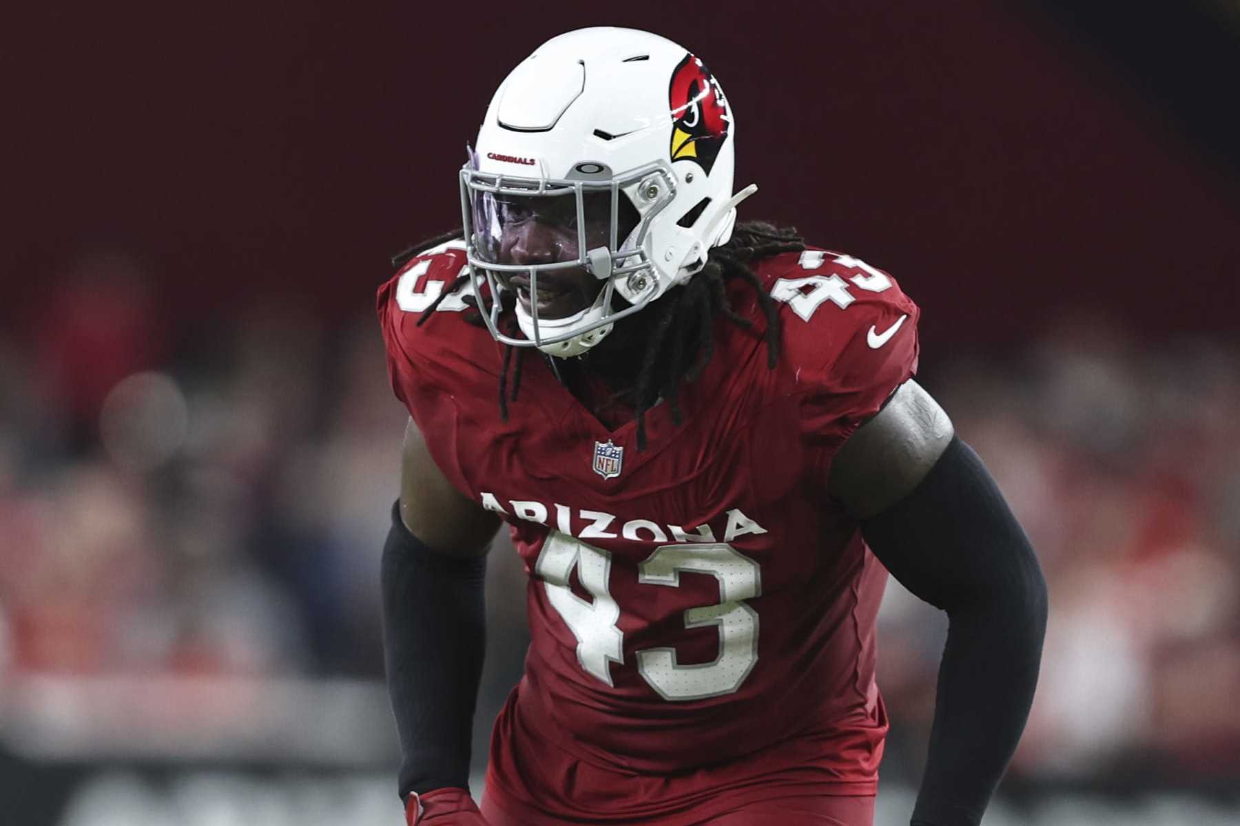 GLENDALE, ARIZONA - AUGUST 19: Jesse Luketa #43 of the Arizona Cardinals lines up during an NFL preseason football game between the Arizona Cardinals and the Kansas City Chiefs at State Farm Stadium on August 19, 2023 in Glendale, Arizona. (Photo by Michael Owens/Getty Images)