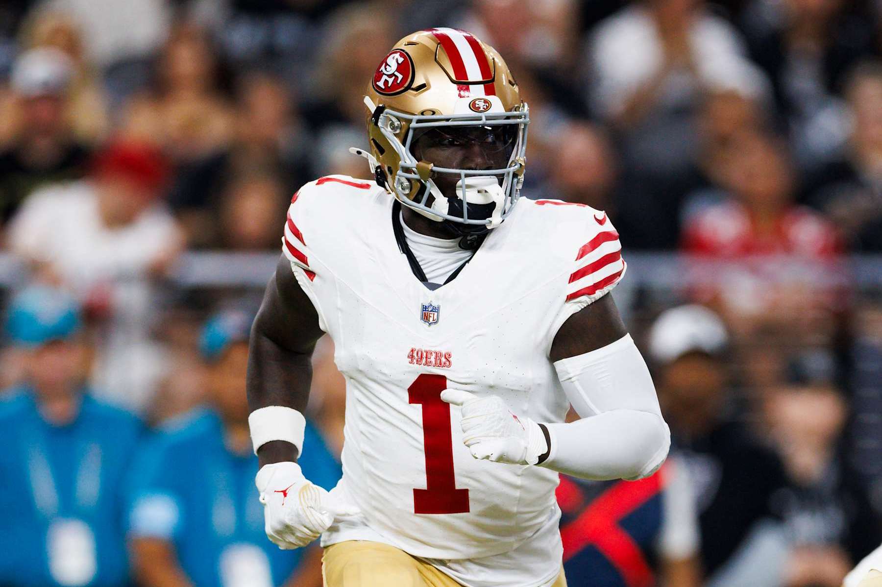 LAS VEGAS, NEVADA - AUGUST 23: Deebo Samuel Sr. #1 of the San Francisco 49ers runs a route during a preseason game against the Las Vegas Raiders at Allegiant Stadium on August 23, 2024 in Las Vegas, Nevada. (Photo by Ric Tapia/Getty Images)