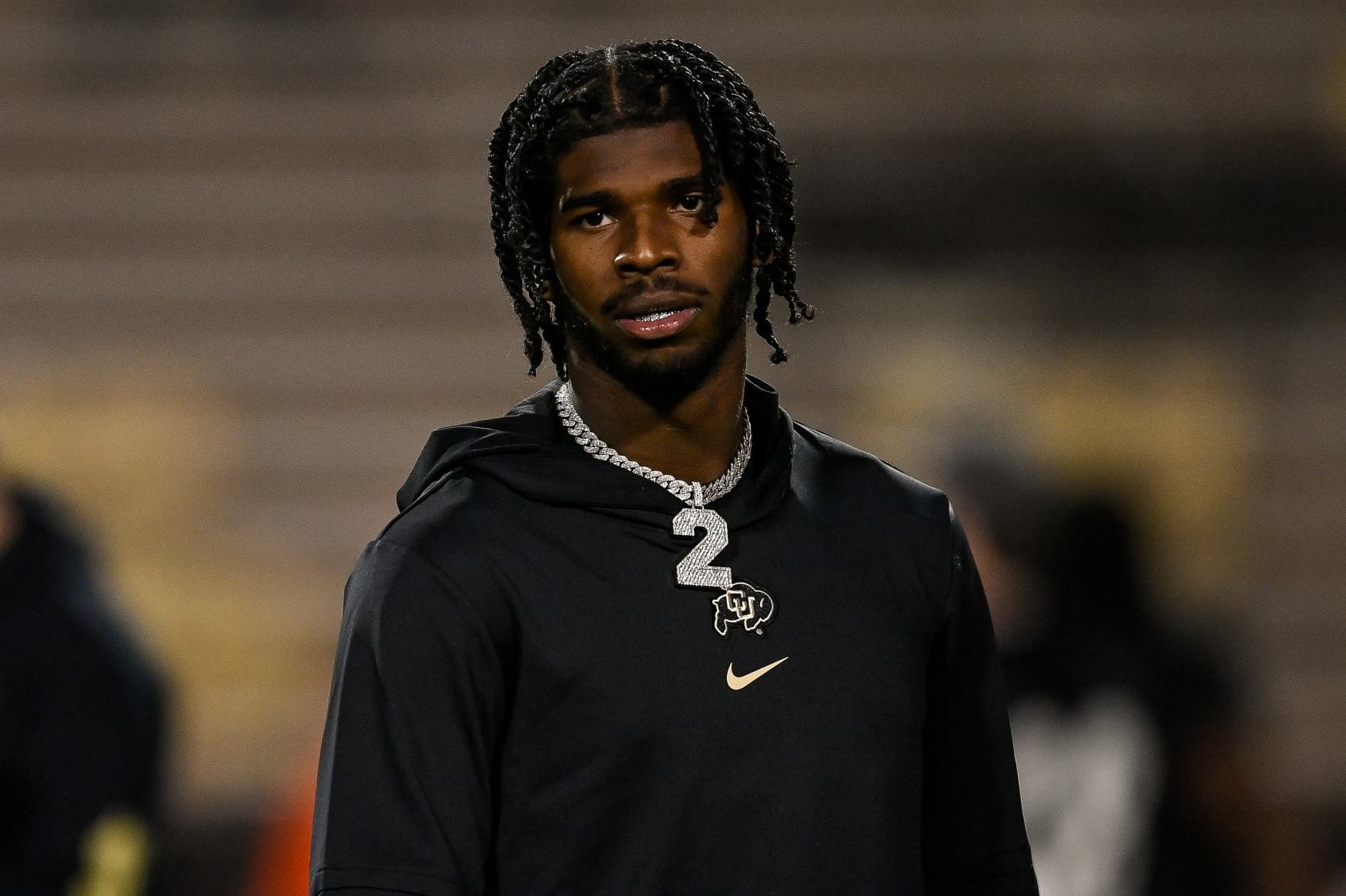 BOULDER, CO - NOVEMBER 4:  Quarterback Shedeur Sanders #2 of the Colorado Buffaloes looks on before a game against the Oregon State Beavers at Folsom Field on November 4, 2023 in Boulder, Colorado. (Photo by Dustin Bradford/Getty Images)