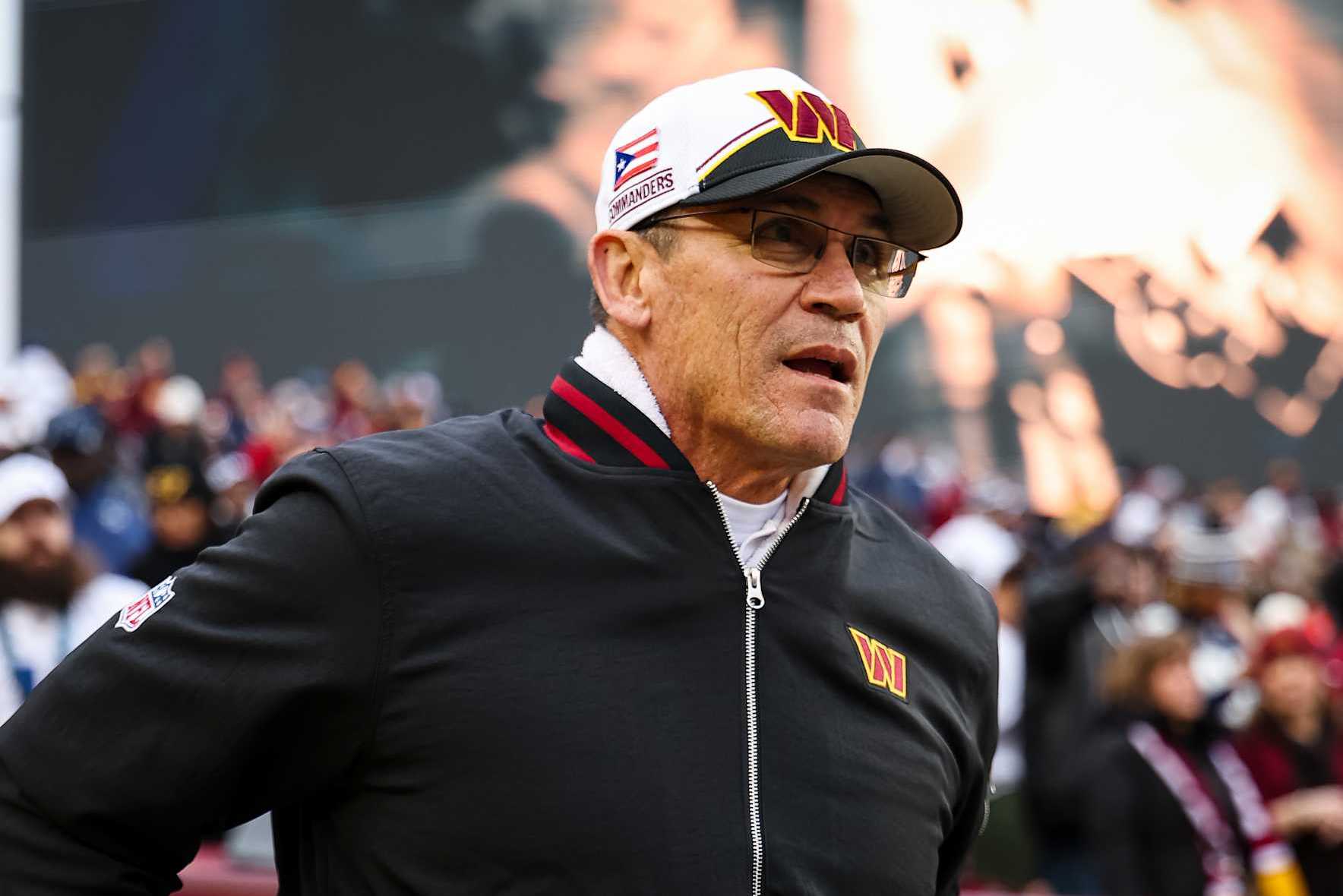 LANDOVER, MD - JANUARY 07: Head coach Ron Rivera of the Washington Commanders takes the field before the game against the Dallas Cowboys at FedExField on January 7, 2024 in Landover, Maryland. (Photo by Scott Taetsch/Getty Images)