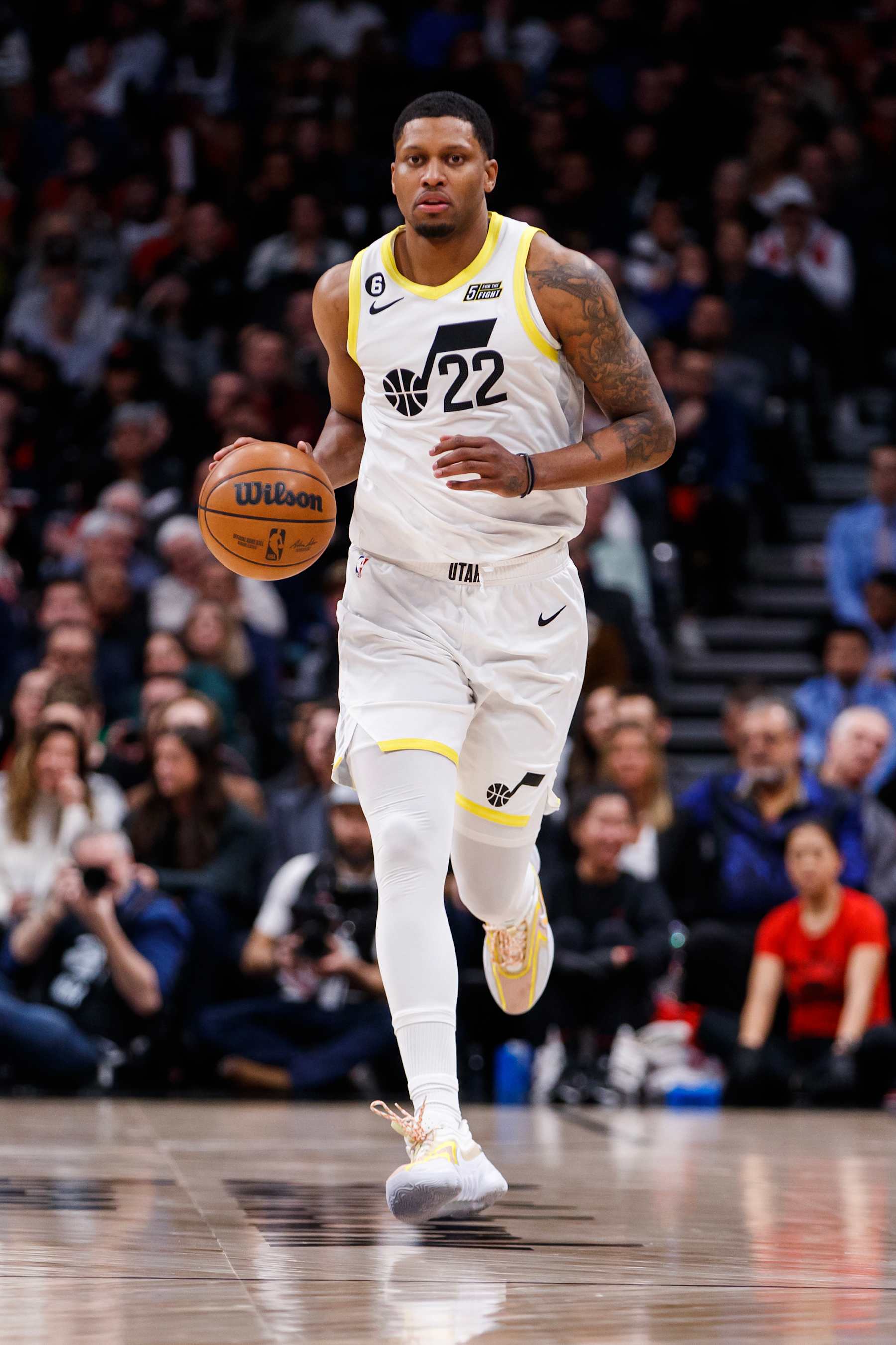TORONTO, ON - FEBRUARY 10: Rudy Gay #22 of the Utah Jazz dribbles up the court against the Toronto Raptors during the second half of their NBA game at Scotiabank Arena on February 10, 2023 in Toronto, Canada. NOTE TO USER: User expressly acknowledges and agrees that, by downloading and or using this photograph, User is consenting to the terms and conditions of the Getty Images License Agreement. (Photo by Cole Burston/Getty Images)