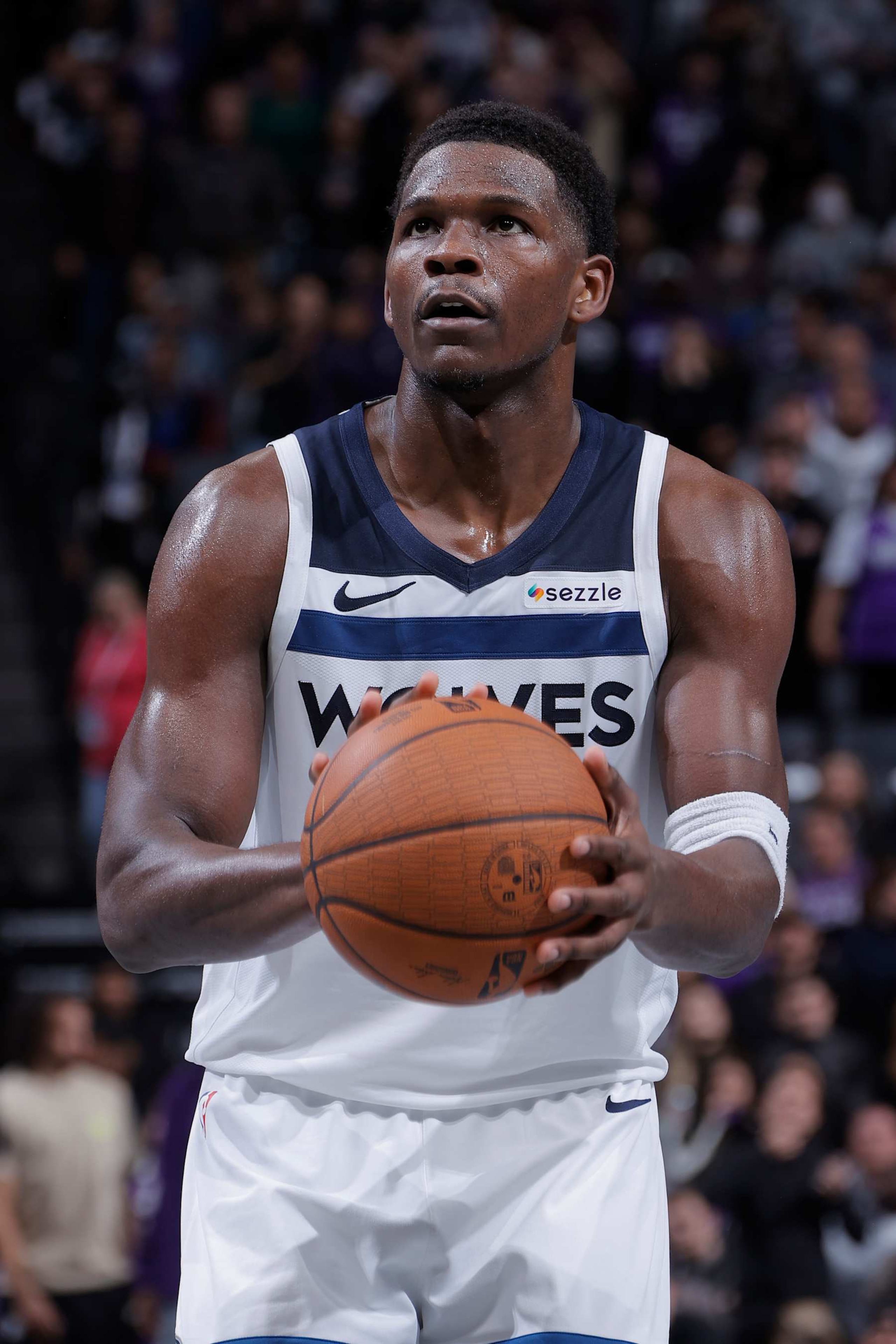 SACRAMENTO, CA - NOVEMBER 15: Anthony Edwards #5 of the Minnesota Timberwolves shoots a free throw during the game against the Sacramento Kings during the Emirates NBA Cup game on November 15, 2024 at Golden 1 Center in Sacramento, California. NOTE TO USER: User expressly acknowledges and agrees that, by downloading and or using this Photograph, user is consenting to the terms and conditions of the Getty Images License Agreement. Mandatory Copyright Notice: Copyright 2024 NBAE (Photo by Rocky Widner/NBAE via Getty Images)