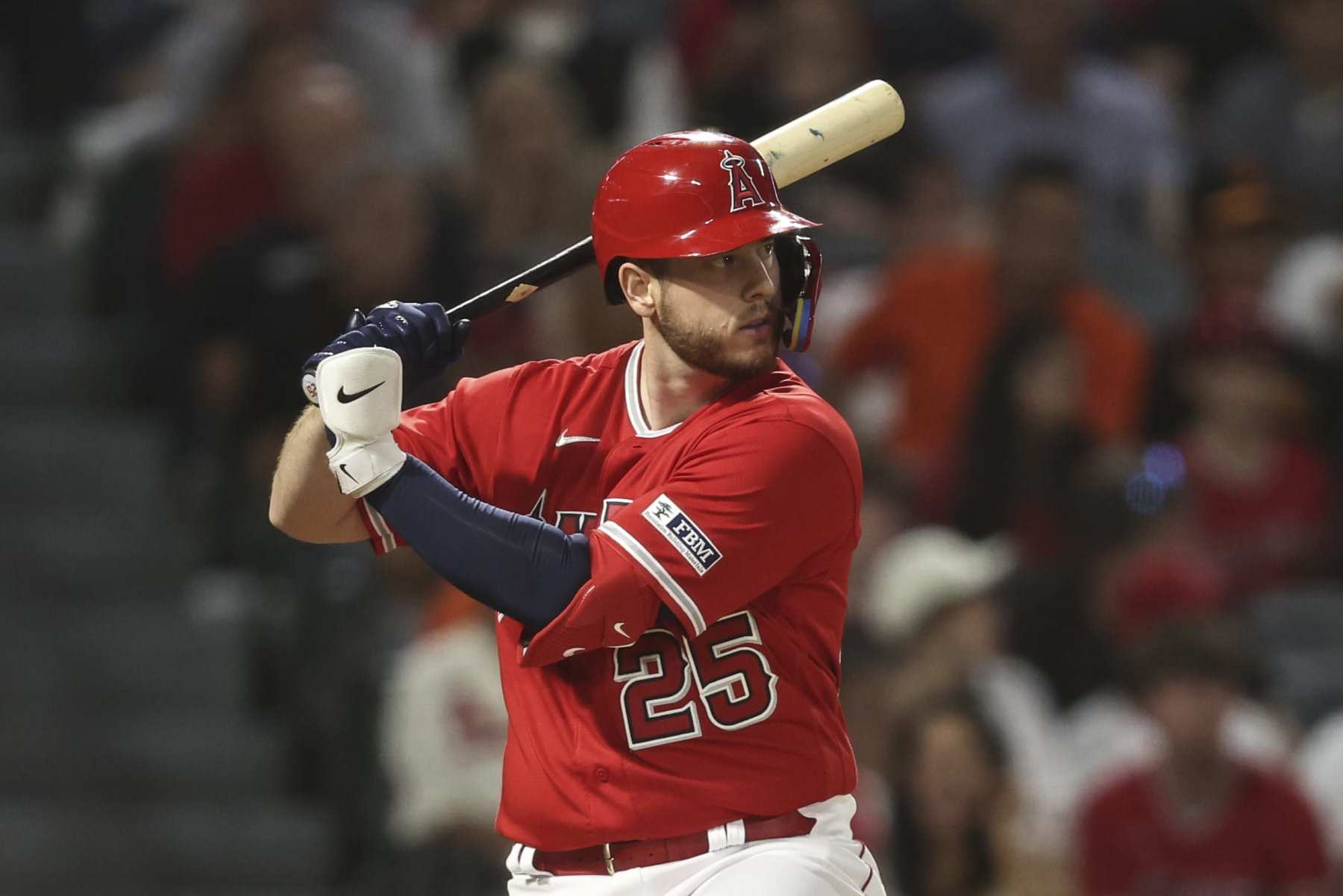 ANAHEIM, CALIFORNIA - AUGUST 08: C.J. Cron #25 of the Los Angeles Angels at bat against the San Francisco Giants during the fifth inning of a game at Angel Stadium of Anaheim on August 08, 2023 in Anaheim, California. (Photo by Michael Owens/Getty Images)