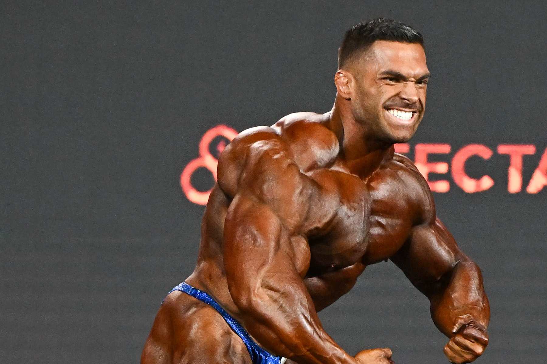 LAS VEGAS, NEVADA - DECEMBER 17, 2022: Derek Lunsford competes in the Mr. Olympia event during the Olympia Fitness & Performance weekend at Planet Hollywood Resort and Casino on December 17, 2022 in Las Vegas, Nevada. (Photo by Chris Bernacchi/Diamond Images via Getty Images)