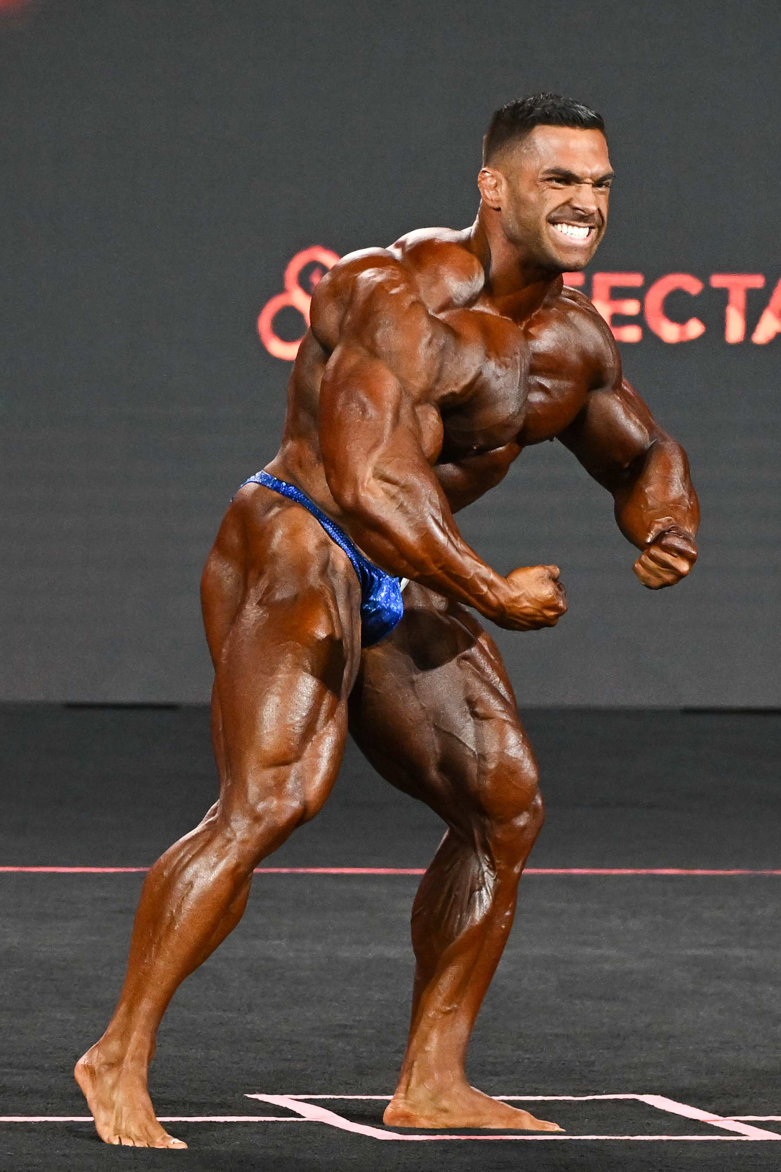 LAS VEGAS, NEVADA - DECEMBER 17, 2022: Derek Lunsford competes in the Mr. Olympia event during the Olympia Fitness & Performance weekend at Planet Hollywood Resort and Casino on December 17, 2022 in Las Vegas, Nevada. (Photo by Chris Bernacchi/Diamond Images via Getty Images)