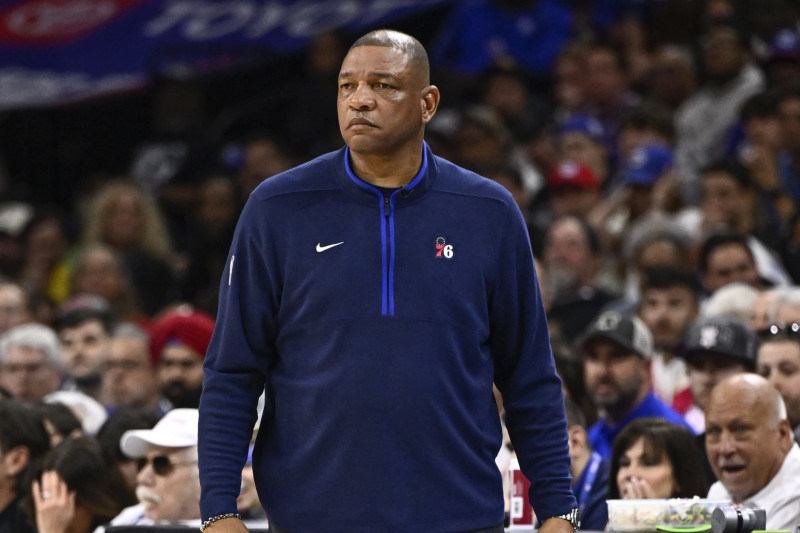 PHILADELPHIA, PA - MAY 11:  Head Coach Doc Rivers of the Philadelphia 76ers looks on during the game during round two game six of the 2023 NBA Playoffs on on May 11, 2023 at the Wells Fargo Center in Philadelphia, Pennsylvania NOTE TO USER: User expressly acknowledges and agrees that, by downloading and/or using this Photograph, user is consenting to the terms and conditions of the Getty Images License Agreement. Mandatory Copyright Notice: Copyright 2023 NBAE (Photo by David Dow/NBAE via Getty Images)