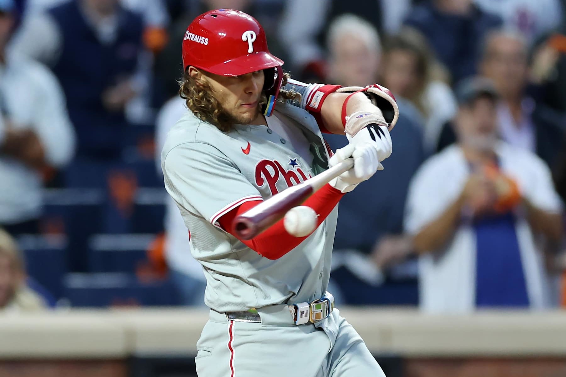 NEW YORK, NEW YORK - OCTOBER 09: Alec Bohm #28 of the Philadelphia Phillies reaches on a fielder's choice in the fourth inning against the New York Mets during Game Four of the Division Series at Citi Field on October 09, 2024 in New York City. (Photo by Luke Hales/Getty Images)