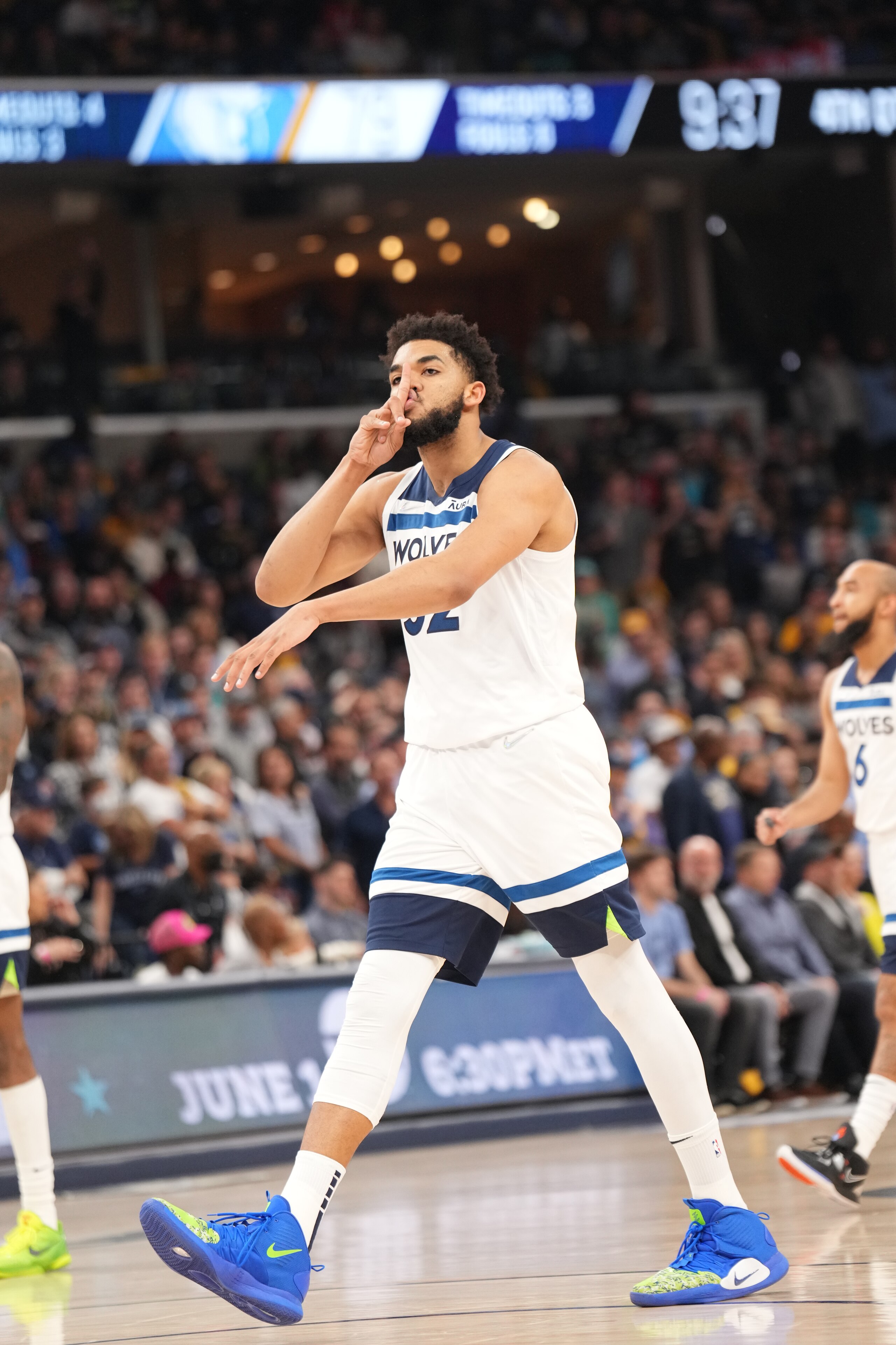 MEMPHIS, TN - APRIL 26: Karl-Anthony Towns #32 of the Minnesota Timberwolves reacts during a game against the Memphis Grizzlies during Round 1 Game 5 on April 26, 2022 at FedExForum in Memphis, Tennessee. NOTE TO USER: User expressly acknowledges and agrees that, by downloading and/or using this Photograph, user is consenting to the terms and conditions of the Getty Images License Agreement. Mandatory Copyright Notice: Copyright 2022 NBAE (Photo by Jesse D. Garrabrant/NBAE via Getty Images)