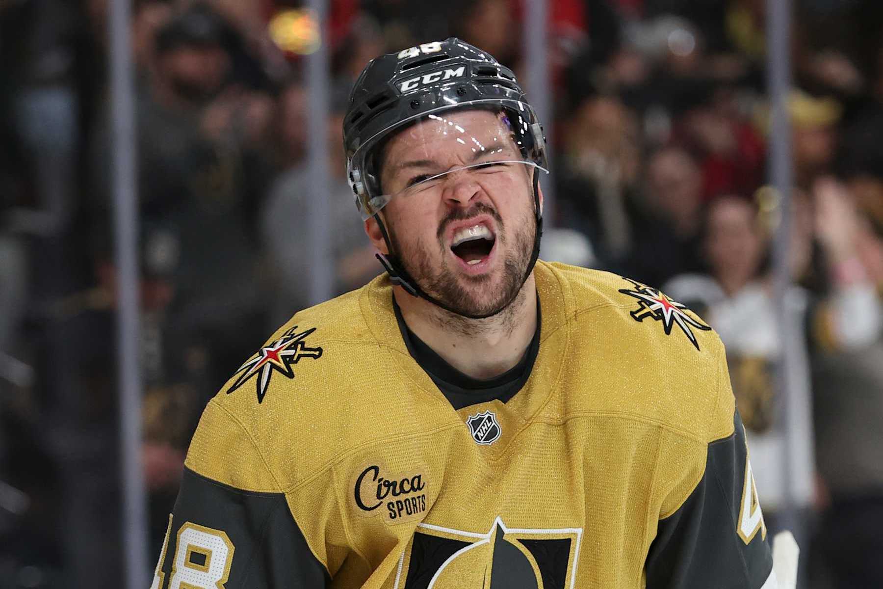 LAS VEGAS, NEVADA - NOVEMBER 17: Tomas Hertl #48 of the Vegas Golden Knights is seen during the second period against the Washington Capitals at T-Mobile Arena on November 17, 2024 in Las Vegas, Nevada. (Photo by Zak Krill/NHLI via Getty Images)