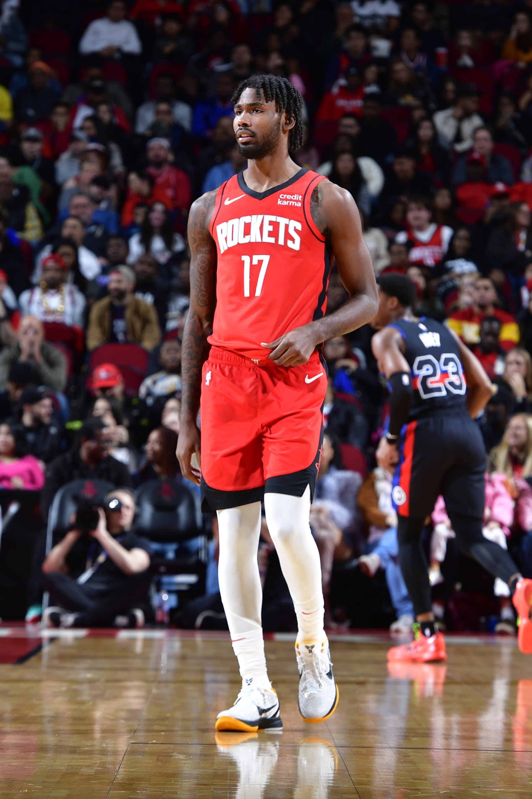 HOUSTON, TX - JANUARY 1: Tari Eason #17 of the Houston Rockets looks on during the game against the Detroit Pistons on January 1, 2024 at the Toyota Center in Houston, Texas. NOTE TO USER: User expressly acknowledges and agrees that, by downloading and or using this photograph, User is consenting to the terms and conditions of the Getty Images License Agreement. Mandatory Copyright Notice: Copyright 2024 NBAE (Photo by Logan Riely/NBAE via Getty Images)