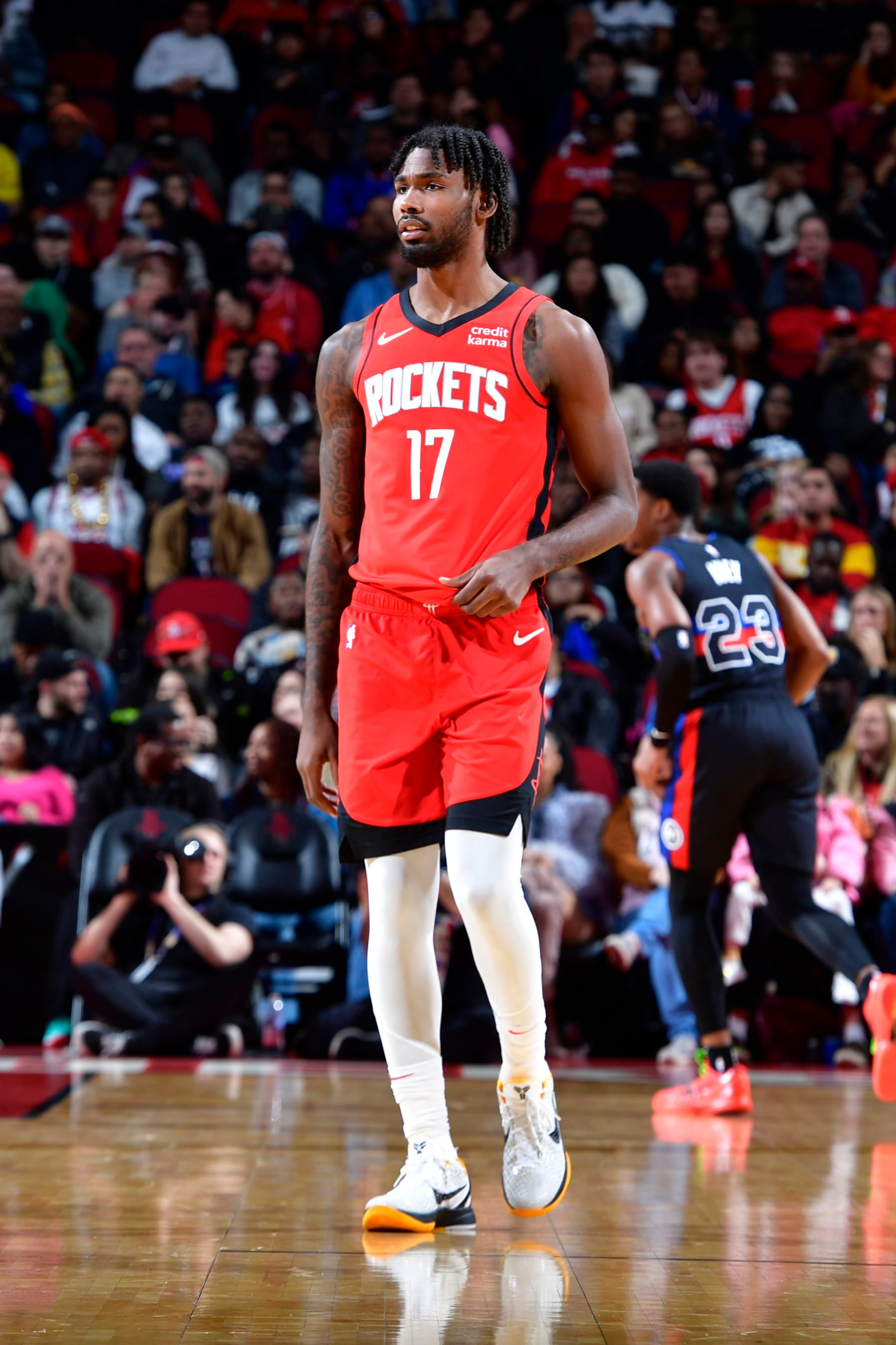HOUSTON, TX - JANUARY 1: Tari Eason #17 of the Houston Rockets looks on during the game against the Detroit Pistons on January 1, 2024 at the Toyota Center in Houston, Texas. NOTE TO USER: User expressly acknowledges and agrees that, by downloading and or using this photograph, User is consenting to the terms and conditions of the Getty Images License Agreement. Mandatory Copyright Notice: Copyright 2024 NBAE (Photo by Logan Riely/NBAE via Getty Images)