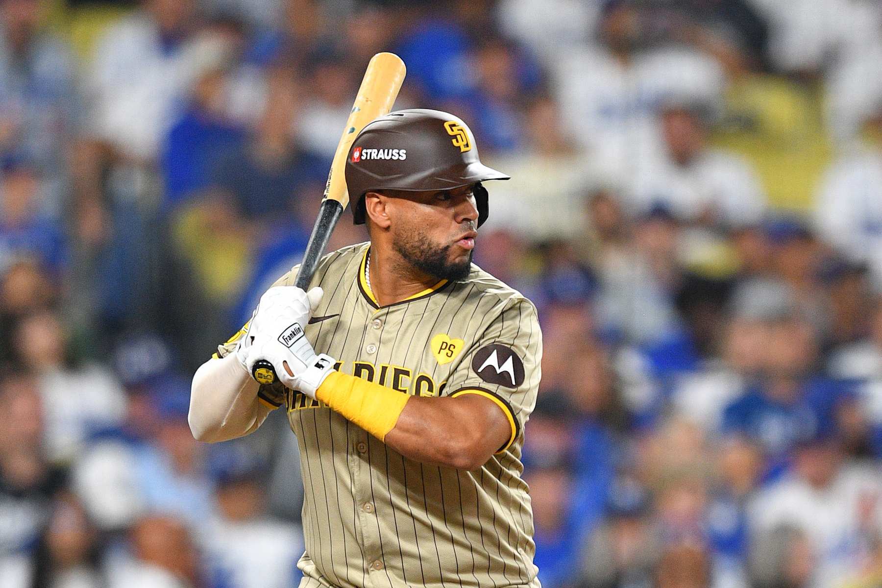 LOS ANGELES, CA - OCTOBER 05: San Diego Padres catcher Elias Diaz (15) at bat during game one of the National League Division Series game between the San Diego Padres and the Los Angeles Dodgers on October 5, 2024 at Dodger Stadium in Los Angeles, CA. (Photo by Brian Rothmuller/Icon Sportswire via Getty Images)