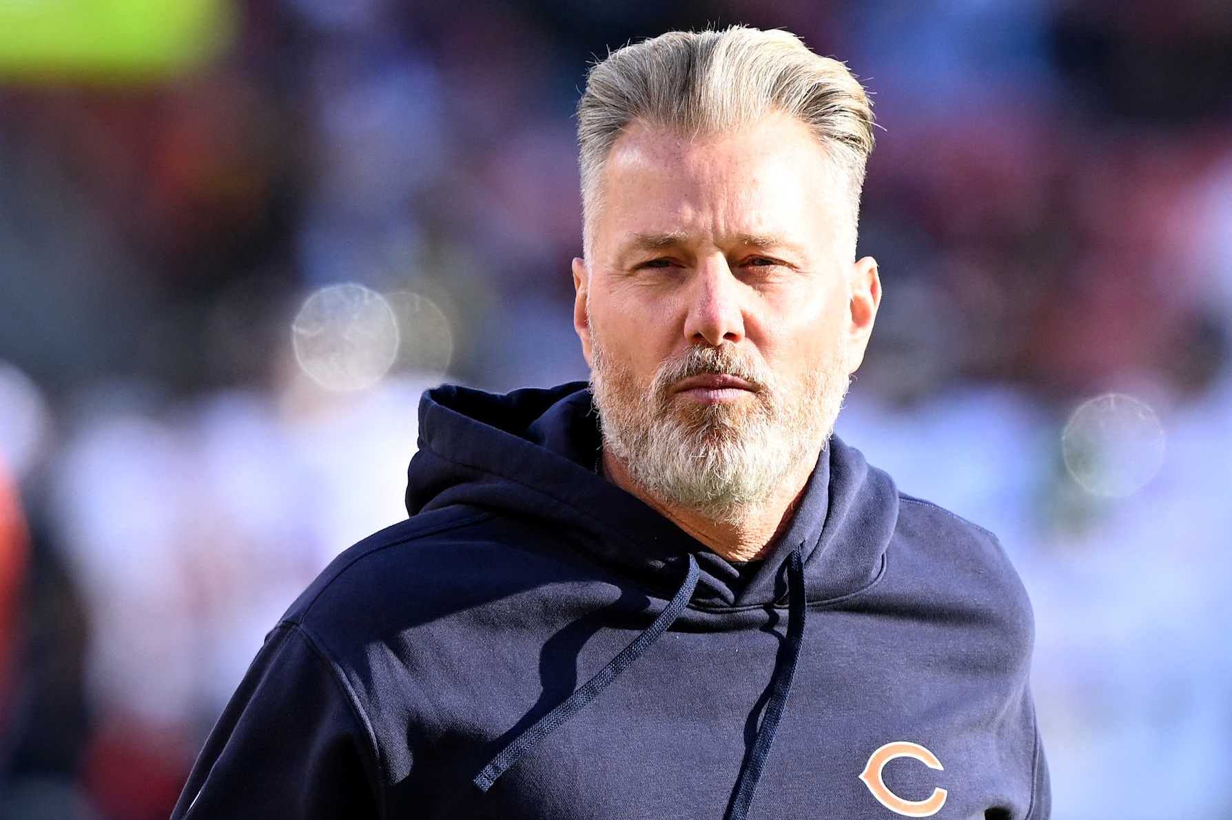 LANDOVER, MARYLAND - OCTOBER 27: Head coach Matt Eberflus of the Chicago Bears watches the teams warm up before the game against the Washington Commanders at Northwest Stadium on October 27, 2024 in Landover, Maryland. (Photo by G Fiume/Getty Images)
