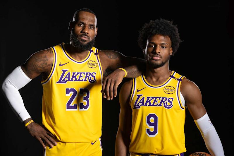 EL SEGUNDO, CA - SEPTEMBER 30: LeBron James #23 and Bronny James #9 of the Los Angeles Lakers pose for a portrait during NBA Media Day on September 30, 2024 at UCLA Health Training Center in El Segundo, California. NOTE TO USER: User expressly acknowledges and agrees that, by downloading and or using this photograph, User is consenting to the terms and conditions of the Getty Images License Agreement. Mandatory Copyright Notice: Copyright 2024 NBAE (Photo by Atiba Jefferson/NBAE via Getty Images)
