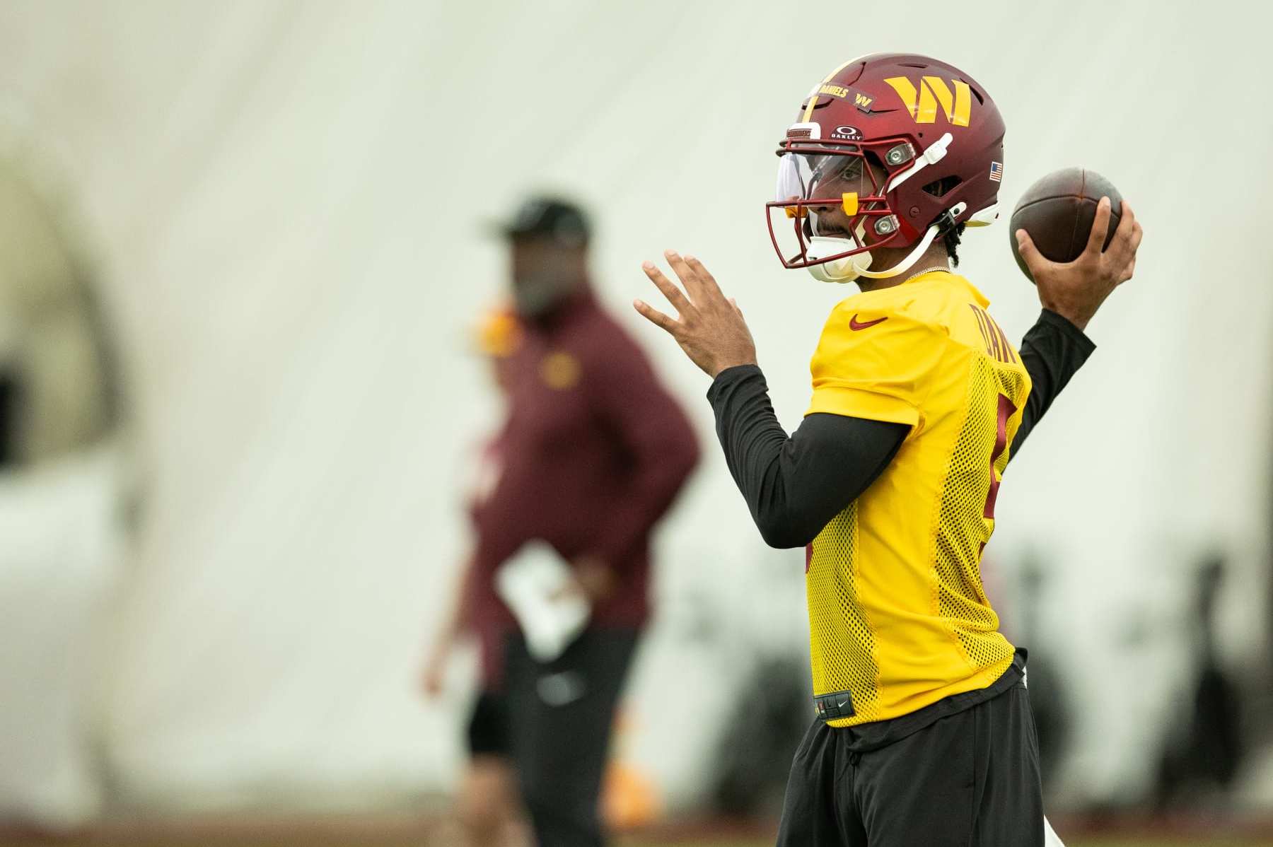 ASHBURN, VA - MAY 10: Jayden Daniels of the Washington Commanders during the Rookie Mini Camp at the OrthoVirgina Training Center on May 10th, 2024 in Ashburn, Virgina. (Photo by Simon Bruty/Anychance/Getty Images)