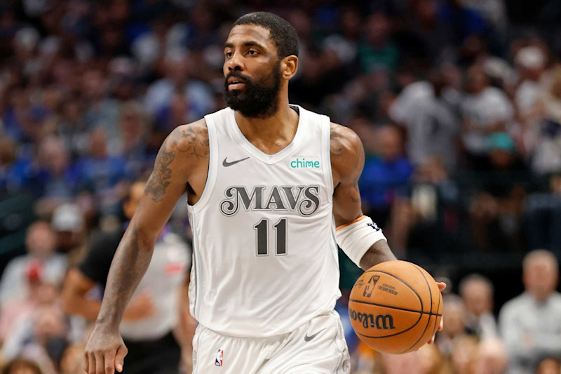 DALLAS, TX - FEBRUARY 8: Kyrie Irving #11 of the Dallas Mavericks dribbles the ball during the game against the Houston Rockets on February 8, 2025 at American Airlines Center in Dallas, Texas. NOTE TO USER: User expressly acknowledges and agrees that, by downloading and or using this photograph, User is consenting to the terms and conditions of the Getty Images License Agreement. Mandatory Copyright Notice: Copyright 2025 NBAE (Photo by Logan Riely/NBAE via Getty Images)