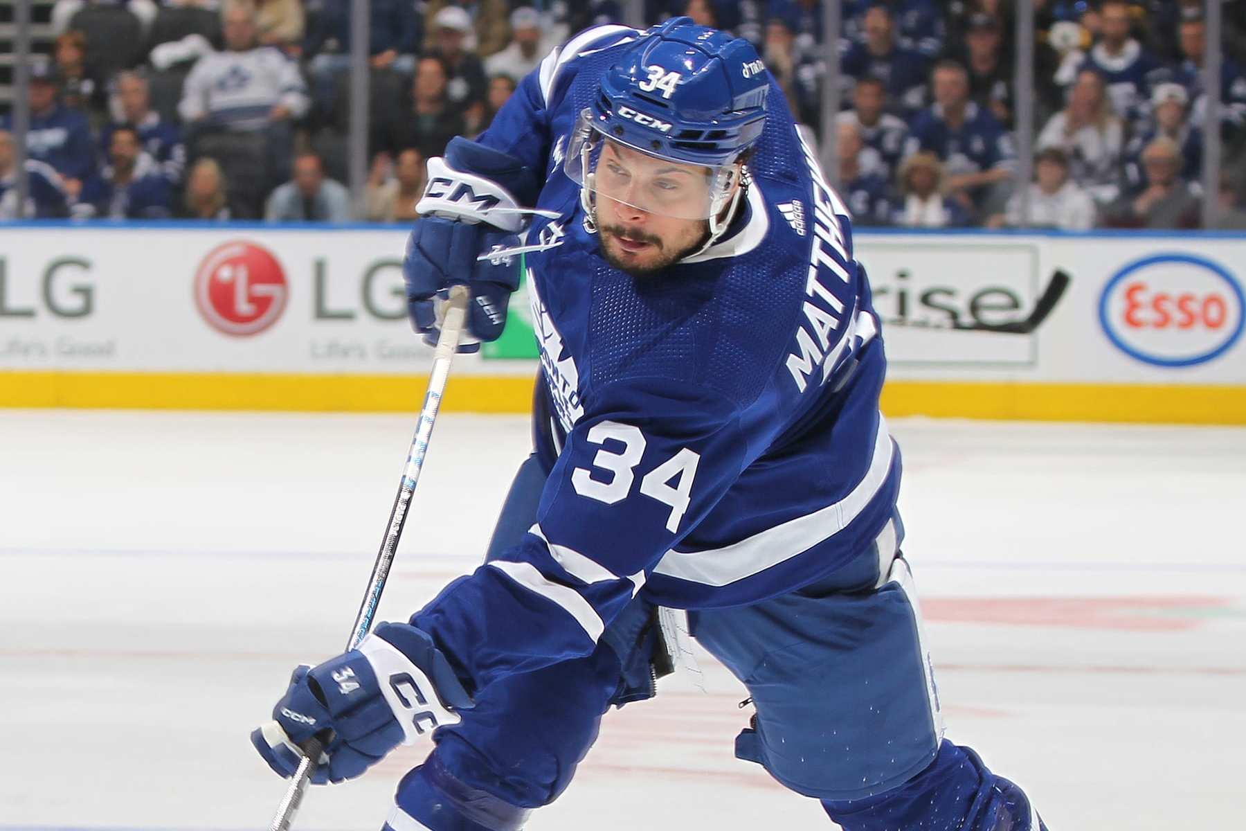 TORONTO, CANADA - MAY 12: Auston Matthews #34 of the Toronto Maple Leafs fires a shot in overtime against the Florida Panthers during Game Five of the Second Round of the 2023 Stanley Cup Playoffs at Scotiabank Arena on May 12, 2023 in Toronto, Ontario, Canada. The Panthers defeated the Maple Leafs 3-2 in overtime. (Photo by Claus Andersen/Getty Images)