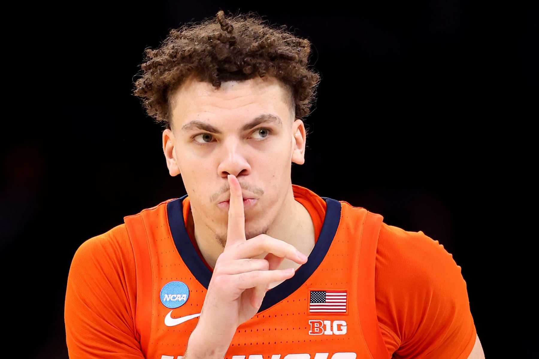 BOSTON, MASSACHUSETTS - MARCH 28: Coleman Hawkins #33 of the Illinois Fighting Illini celebrates a basket against the Iowa State Cyclones during the second half in the Sweet 16 round of the NCAA Men's Basketball Tournament at TD Garden on March 28, 2024 in Boston, Massachusetts. (Photo by Michael Reaves/Getty Images)