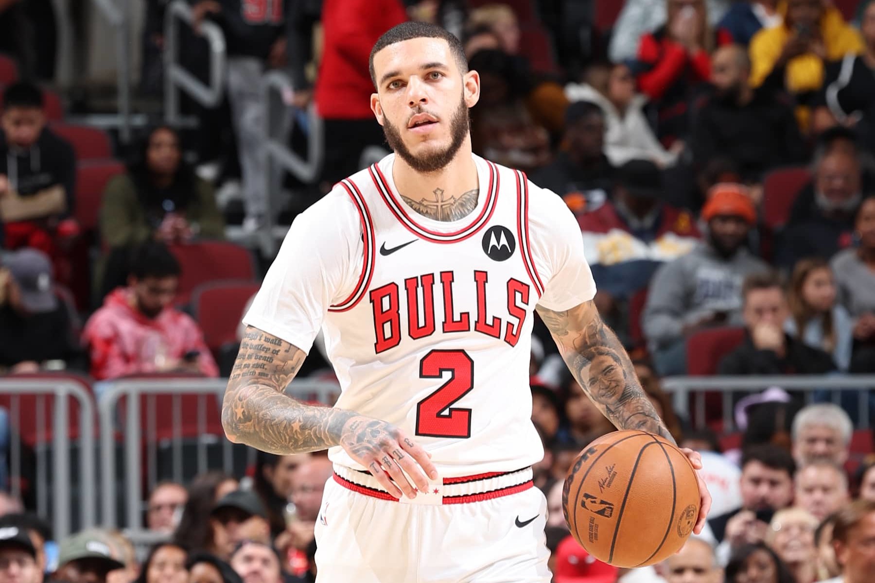 CHICAGO, IL - OCTOBER 16: Lonzo Ball #2 of the Chicago Bulls dribbles the ball during the game against the Minnesota Timberwolves during a NBA pre season game on October 16, 2024 at United Center in Chicago, Illinois. NOTE TO USER: User expressly acknowledges and agrees that, by downloading and or using this photograph, User is consenting to the terms and conditions of the Getty Images License Agreement. Mandatory Copyright Notice: Copyright 2024 NBAE (Photo by Jeff Haynes/NBAE via Getty Images)