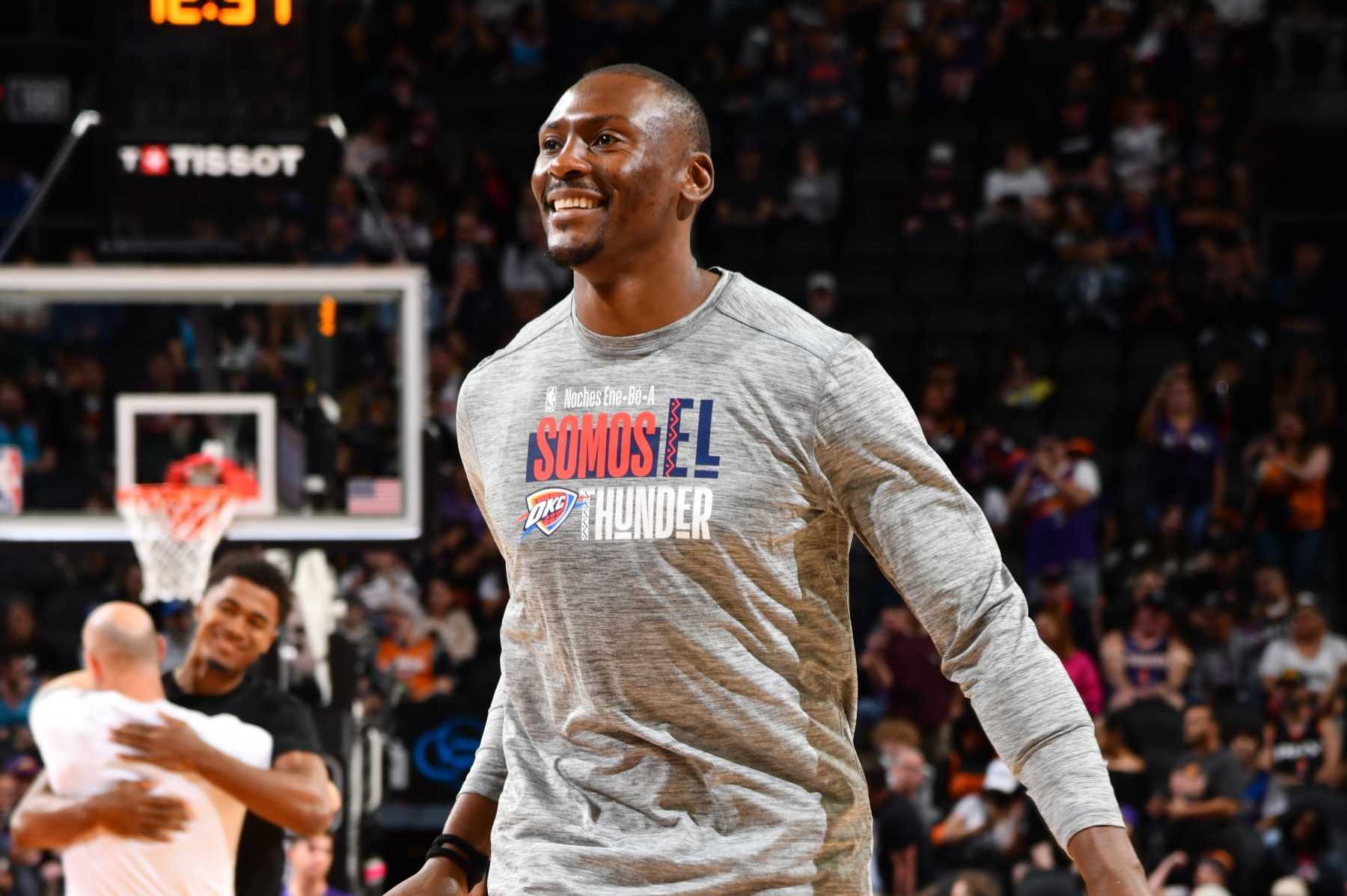 PHOENIX, AZ - MARCH 3: Bismack Biyombo #15 of the Oklahoma City Thunder smiles before the game against the Phoenix Suns on March 3, 2024 at Footprint Center in Phoenix, Arizona. NOTE TO USER: User expressly acknowledges and agrees that, by downloading and or using this photograph, user is consenting to the terms and conditions of the Getty Images License Agreement. Mandatory Copyright Notice: Copyright 2024 NBAE (Photo by Barry Gossage/NBAE via Getty Images)