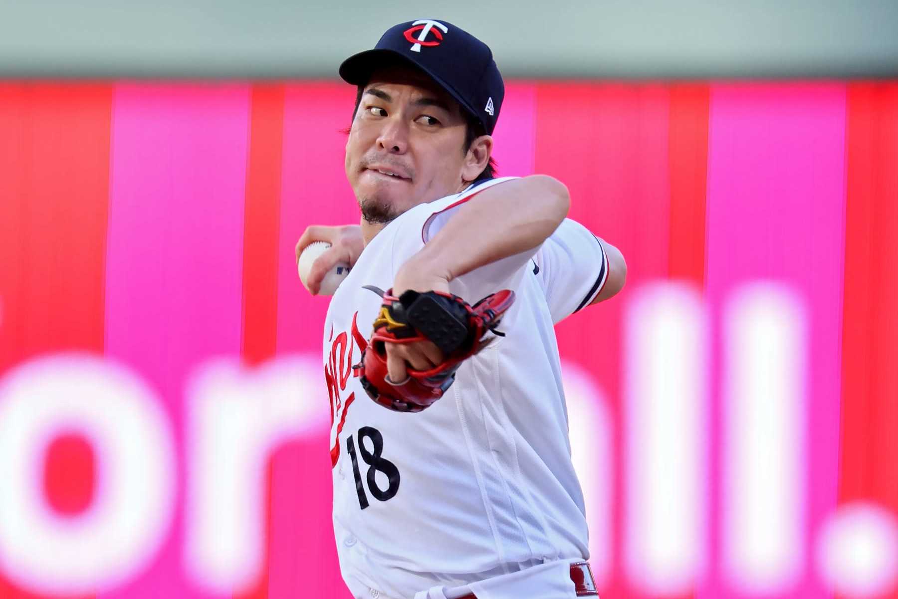 MINNEAPOLIS, MINNESOTA - OCTOBER 10: Kenta Maeda #18 of the Minnesota Twins pitches in the sixth inning against the Houston Astros during Game Three of the Division Series at Target Field on October 10, 2023 in Minneapolis, Minnesota. (Photo by Adam Bettcher/Getty Images)