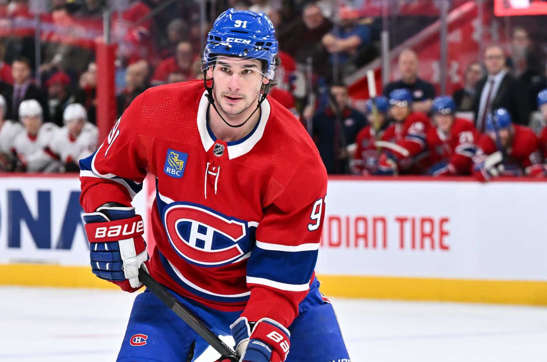 MONTREAL, CANADA - JANUARY 23: Sean Monahan #91 of the Montreal Canadiens skates during the second period against the Ottawa Senators at the Bell Centre on January 23, 2024 in Montreal, Quebec, Canada. The Ottawa Senators defeated the Montreal Canadiens 4-1. (Photo by Minas Panagiotakis/Getty Images)