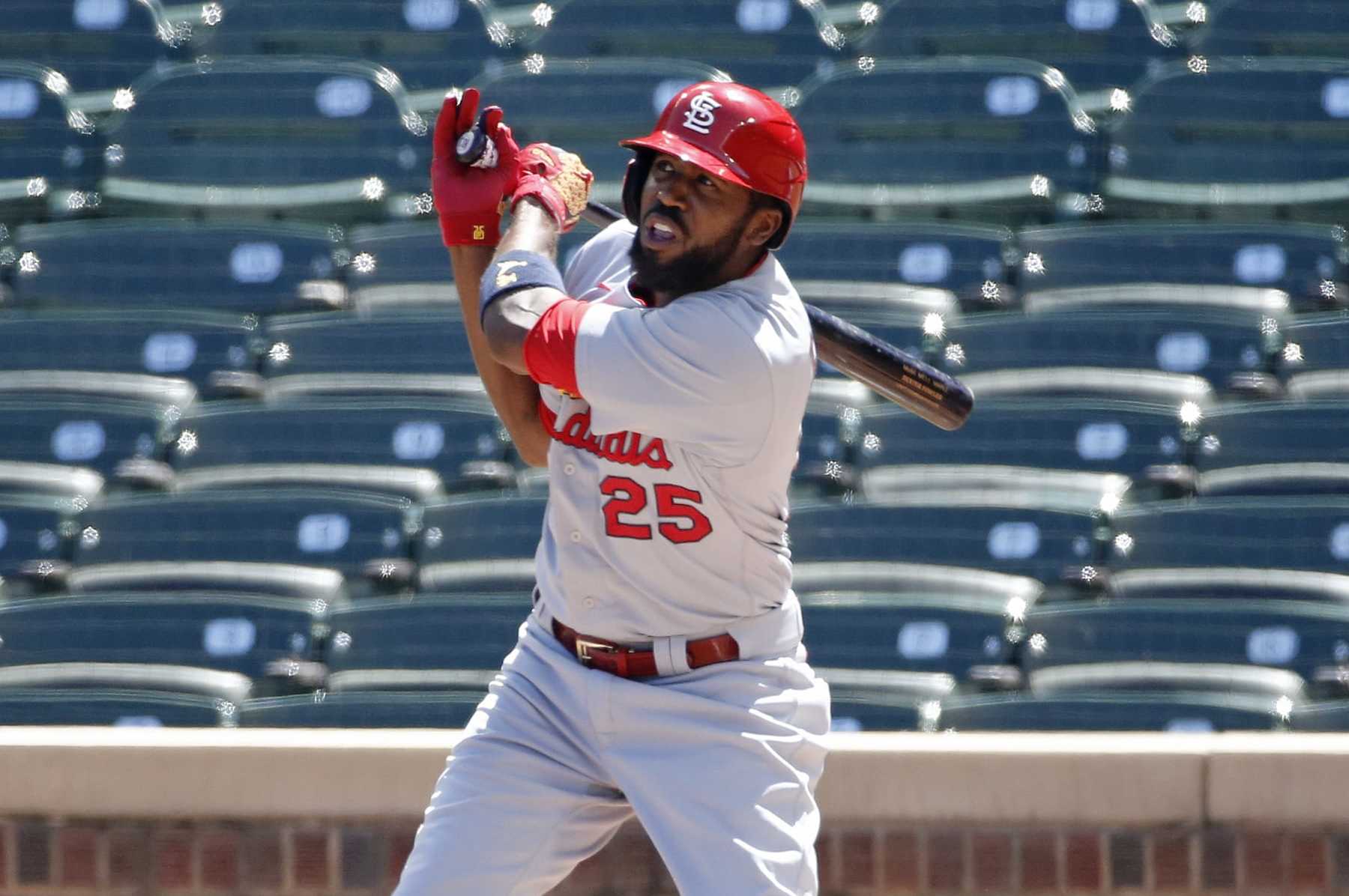 CHICAGO, ILLINOIS - AUGUST 19: Dexter Fowler #25 of the St. Louis Cardinals at bat during the first inning of Game One of a doubleheader against the Chicago Cubs at Wrigley Field on August 19, 2020 in Chicago, Illinois. (Photo by Nuccio DiNuzzo/Getty Images)