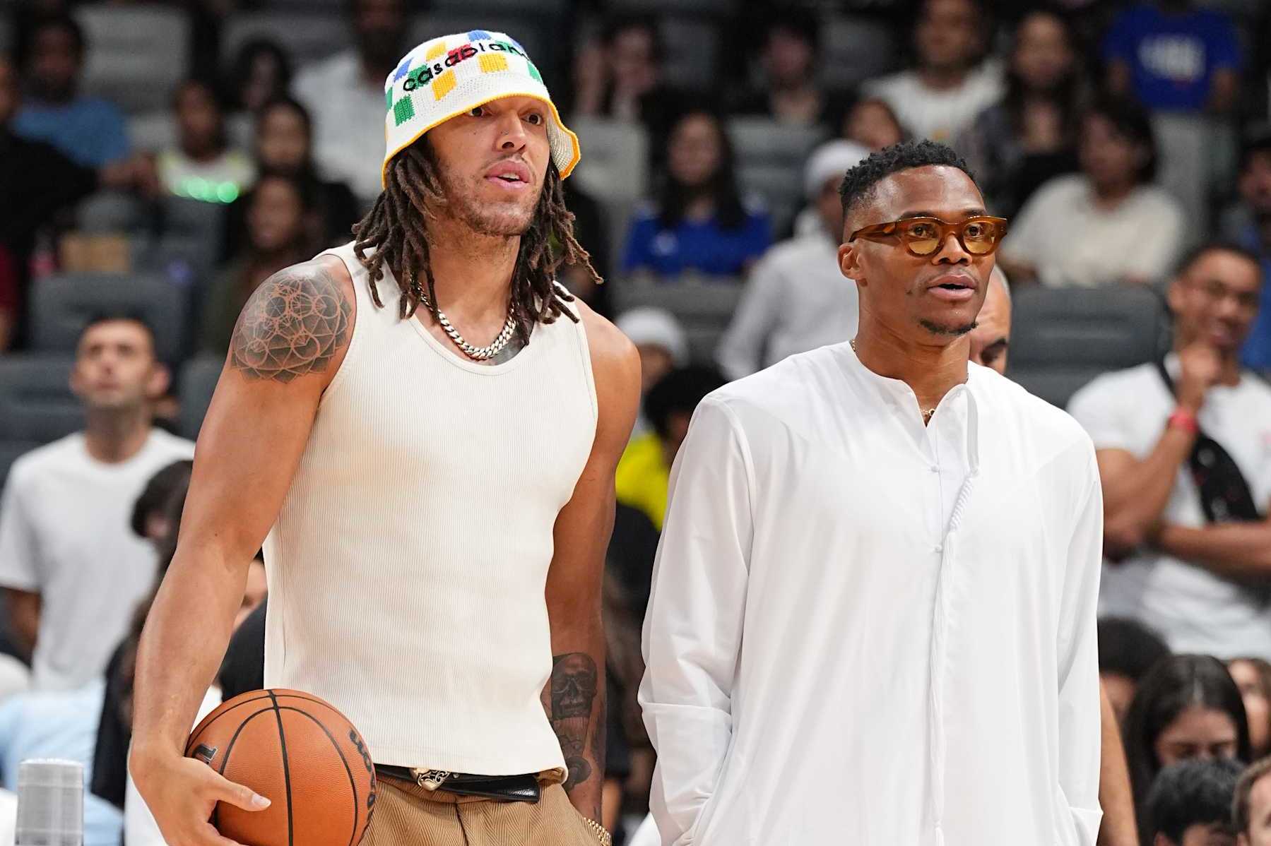 ABU DHABI, UAE - OCTOBER 5: Russell Westbrook and Aaron Gordon of the Denver Nuggets during Fan Appreciation Day as part of 2024 NBA Global Games Abu Dhabi at on October 5, 2024 at Etihad Arena in Abu Dhabi, The United Arab Emirates. NOTE TO USER: User expressly acknowledges and agrees that, by downloading and/or using this Photograph, user is consenting to the terms and conditions of the Getty Images License Agreement. Mandatory Copyright Notice: Copyright 2024 NBAE (Photo by Garrett Ellwood/NBAE via Getty Images)