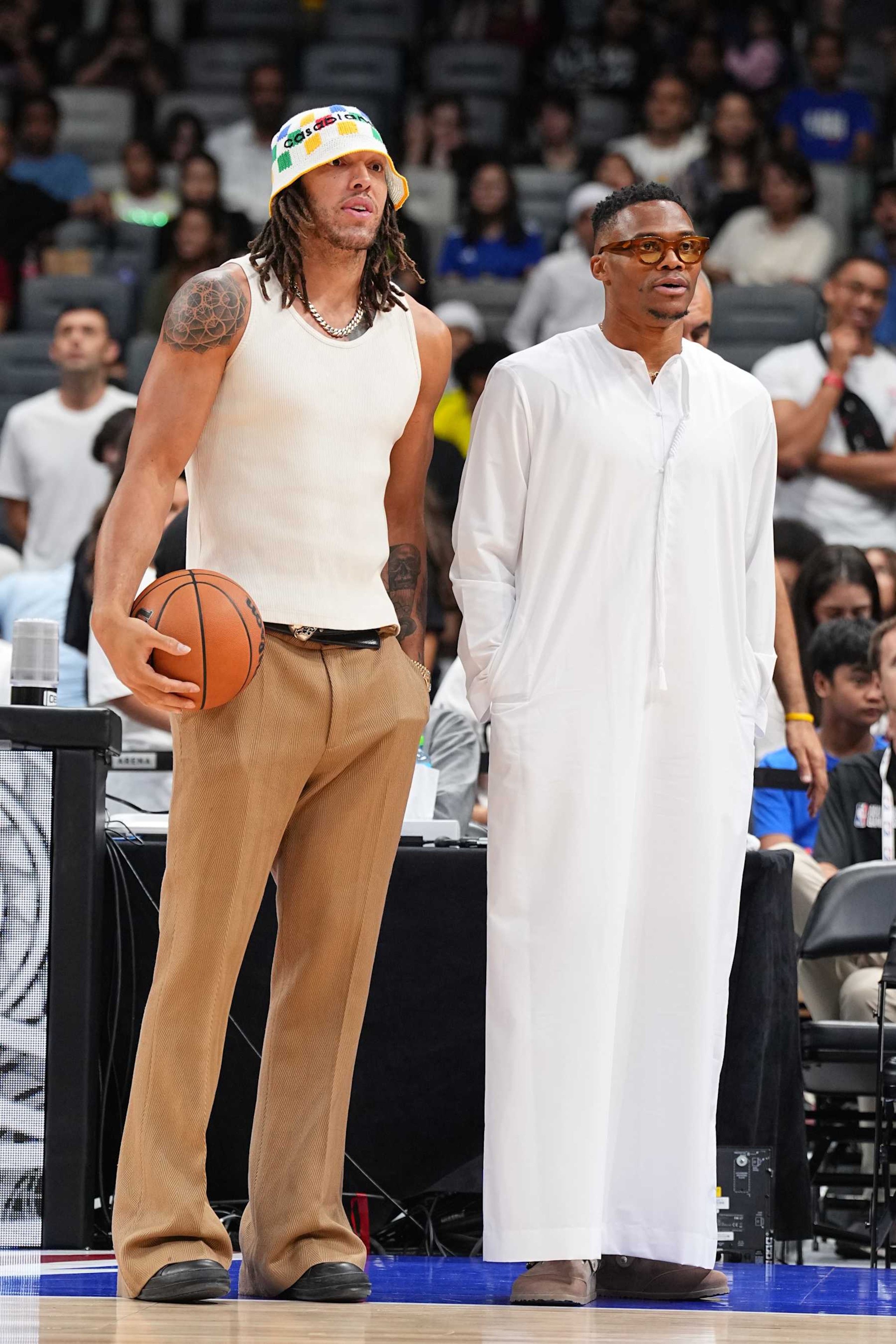 ABU DHABI, UAE - OCTOBER 5: Russell Westbrook and Aaron Gordon of the Denver Nuggets during Fan Appreciation Day as part of 2024 NBA Global Games Abu Dhabi at on October 5, 2024 at Etihad Arena in Abu Dhabi, The United Arab Emirates. NOTE TO USER: User expressly acknowledges and agrees that, by downloading and/or using this Photograph, user is consenting to the terms and conditions of the Getty Images License Agreement. Mandatory Copyright Notice: Copyright 2024 NBAE (Photo by Garrett Ellwood/NBAE via Getty Images)