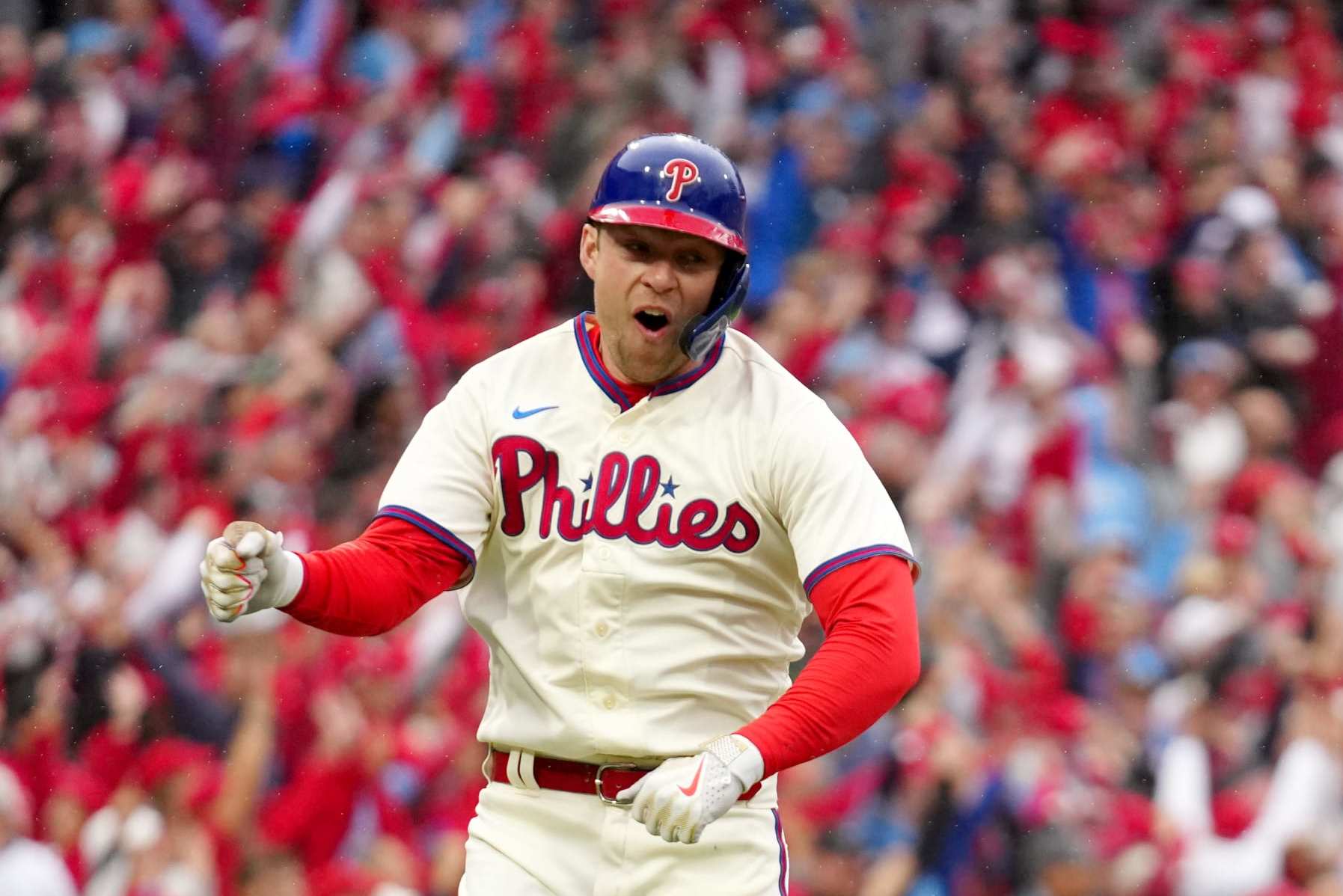 PHILADELPHIA, PA - OCTOBER 23: Rhys Hoskins #17 of the Philadelphia Phillies reacts after hitting a two-run home run in the third inning of Game 5 of the NLCS between the San Diego Padres and the Philadelphia Phillies at Citizens Bank Park on Sunday, October 23, 2022 in Philadelphia, Pennsylvania. (Photo by Daniel Shirey/MLB Photos via Getty Images)