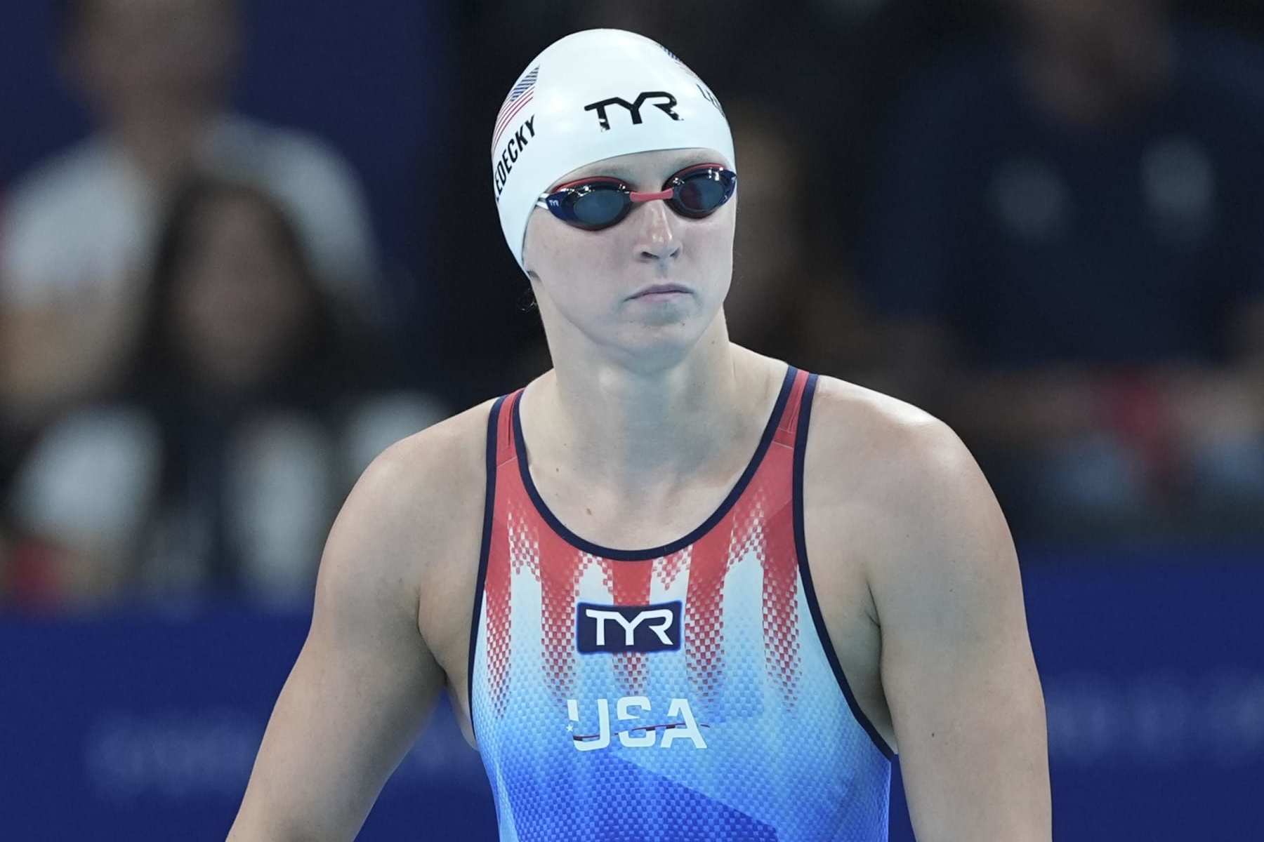 PARIS, FRANCE - JULY 27: Katie Ledecky of USA competes in the women's 400m freestyle heats during the Olympic Games Paris 2024 at La Defense Arena in Paris, France on July 27, 2024. (Photo by Mustafa Ciftci/Anadolu via Getty Images)