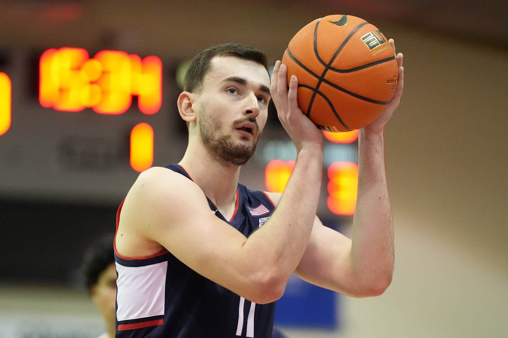 LAHAINA, HI -  NOVEMBER 26:  Alex Karaban #11 of the Connecticut Huskies takes a foul shot in the first halfs during the Maui Invitational college basketball game against the Colorado Buffaloes at The Lahaina Civic Center on November 26, 2024 in Lahaina, Hawaii.  (Photo by Mitchell Layton/Getty Images)