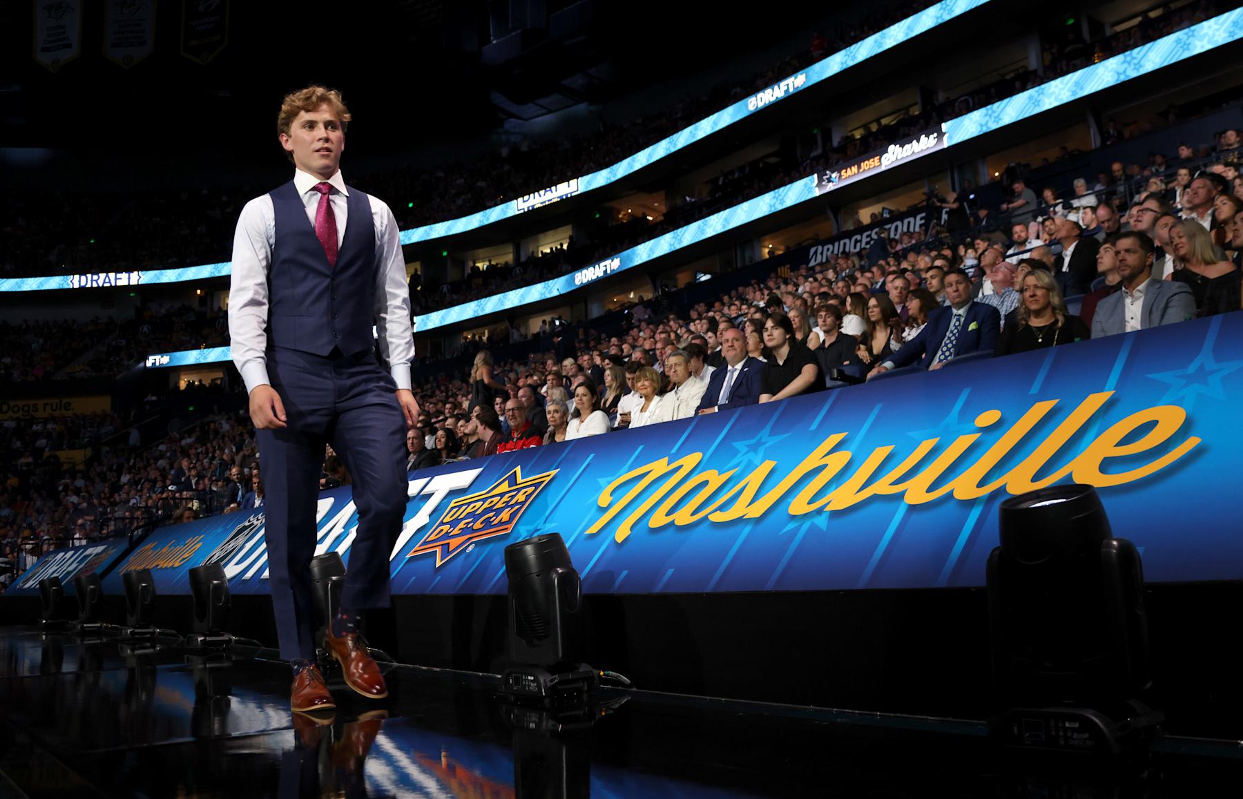 NASHVILLE, TENNESSEE - JUNE 28: Will Smith walks to the stage after being selected fourth overall by the San Jose Sharks during the 2023 Upper Deck NHL Draft - Round One at Bridgestone Arena on June 28, 2023 in Nashville, Tennessee. (Photo by Dave Sandford/NHLI via Getty Images)