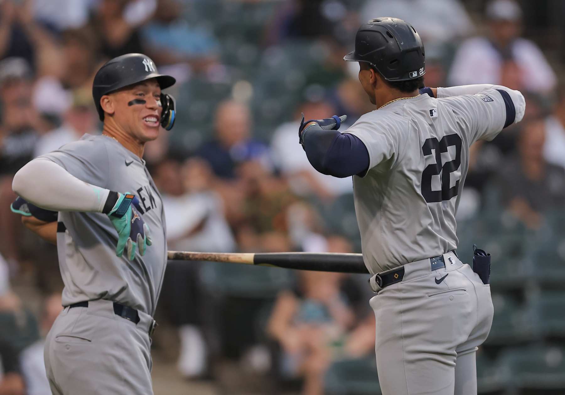 CHICAGO, IL - AUGUST 14: Juan Soto #22 of the New York Yankees celebrates his home run with Aaron Judge #99 of the New York Yankees during the first inning of a baseball game against the Chicago White Sox on August 14, 2024 at Guaranteed Rate Field in Chicago,Illinois. (Photo by Melissa Tamez/Icon Sportswire via Getty Images)