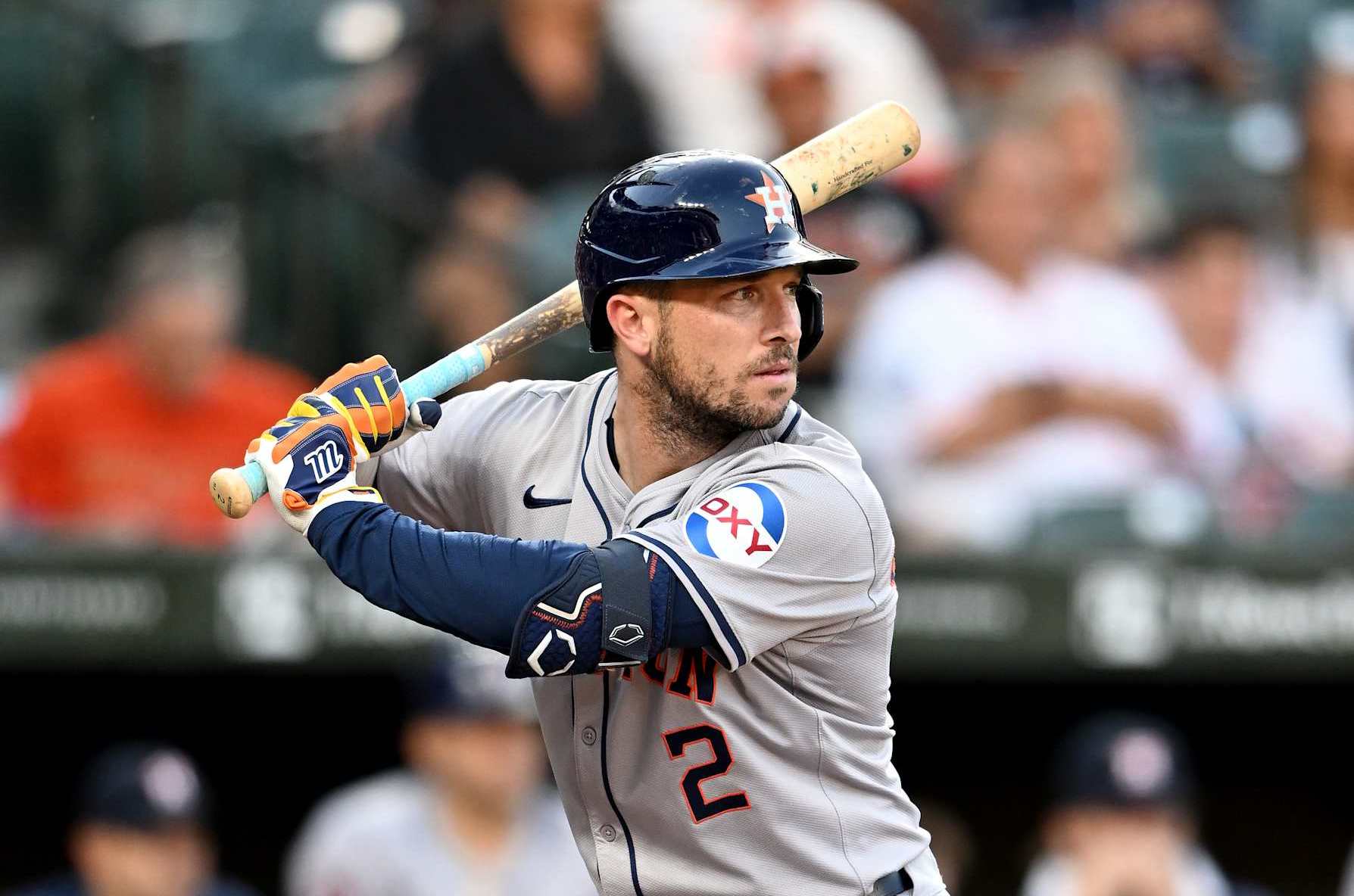 BALTIMORE, MARYLAND - AUGUST 22: Alex Bregman #2 of the Houston Astros bats against the Baltimore Orioles at Oriole Park at Camden Yards on August 22, 2024 in Baltimore, Maryland. (Photo by G Fiume/Getty Images)