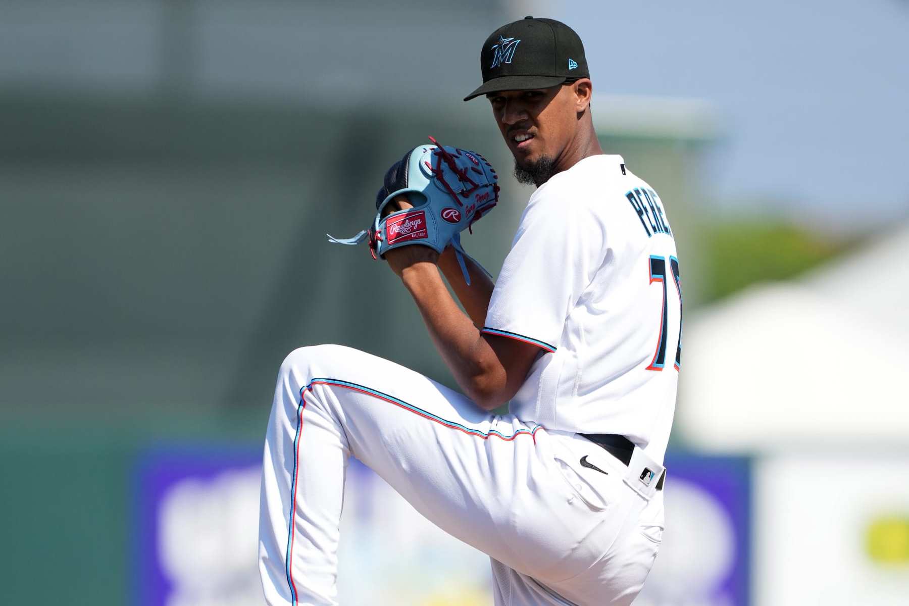 JUPITER, FL - FEBRUARY 26: Eury Perez #76 of the Miami Marlins warms up prior to the third inning against the St. Louis Cardinals at Roger Dean Stadium on February 26, 2023 in Jupiter, Florida. (Photo by Jasen Vinlove/Miami Marlins/Getty Images)