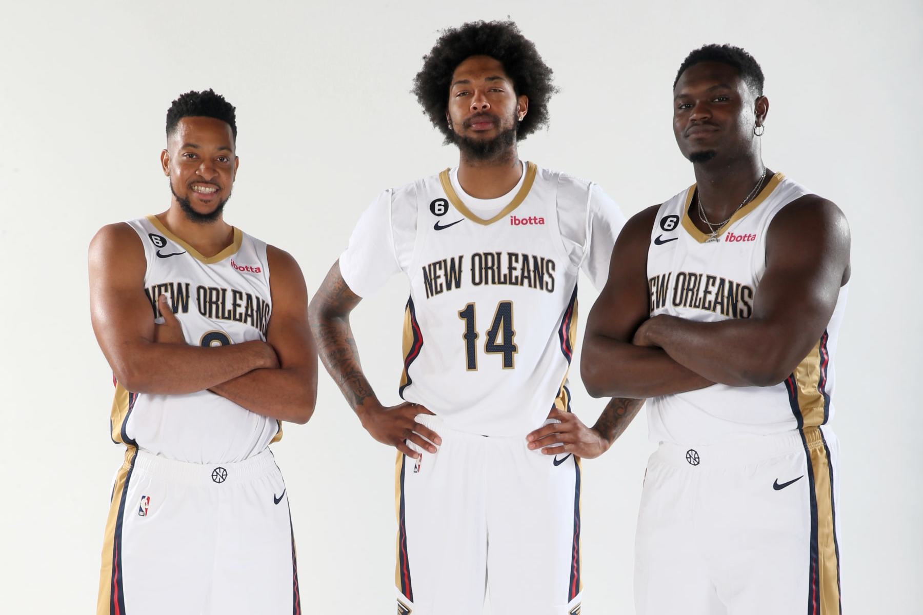 NEW ORLEANS, LA - SEPTEMBER 26: CJ McCollum #3, Brandon Ingram #14, and Zion Williamson #1 of the New Orleans Pelicans poses for a photograph in New Orleans, Louisiana. NOTE TO USER: User expressly acknowledges and agrees that, by downloading and or using this Photograph, user is consenting to the terms and conditions of the Getty Images License Agreement. Mandatory Copyright Notice: Copyright 2022 NBAE (Photo by Layne Murdoch Jr./NBAE via Getty Images) NEW ORLEANS, LA - SEPTEMBER 26: CJ McCollum #3, Brandon Ingram #14, and Zion Williamson #1 of the New Orleans Pelicans poses for a photograph in New Orleans, Louisiana. NOTE TO USER: User expressly acknowledges and agrees that, by downloading and or using this Photograph, user is consenting to the terms and conditions of the Getty Images License Agreement. Mandatory Copyright Notice: Copyright 2022 NBAE (Photo by Layne Murdoch Jr./NBAE via Getty Images)