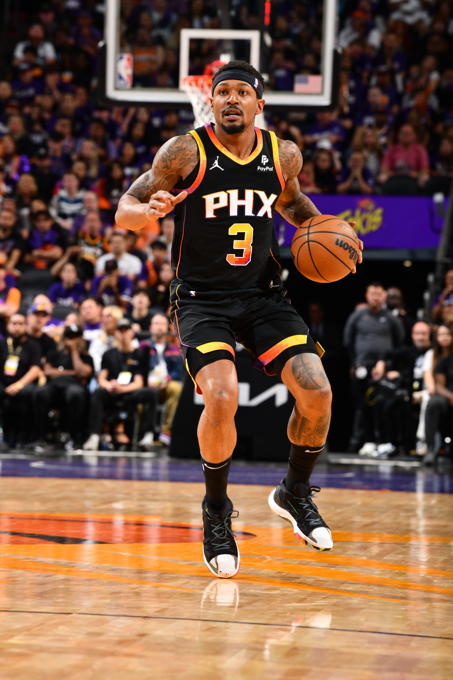 PHOENIX, AZ - APRIL 4: Bradley Beal #3 of the Phoenix Suns dribbles the ball during the game against the Minnesota Timberwolves during Round 1 Game 4 of the 2024 NBA Playoffs on April 4, 2023 at Footprint Center in Phoenix, Arizona. NOTE TO USER: User expressly acknowledges and agrees that, by downloading and or using this photograph, user is consenting to the terms and conditions of the Getty Images License Agreement. Mandatory Copyright Notice: Copyright 2024 NBAE (Photo by Barry Gossage/NBAE via Getty Images)