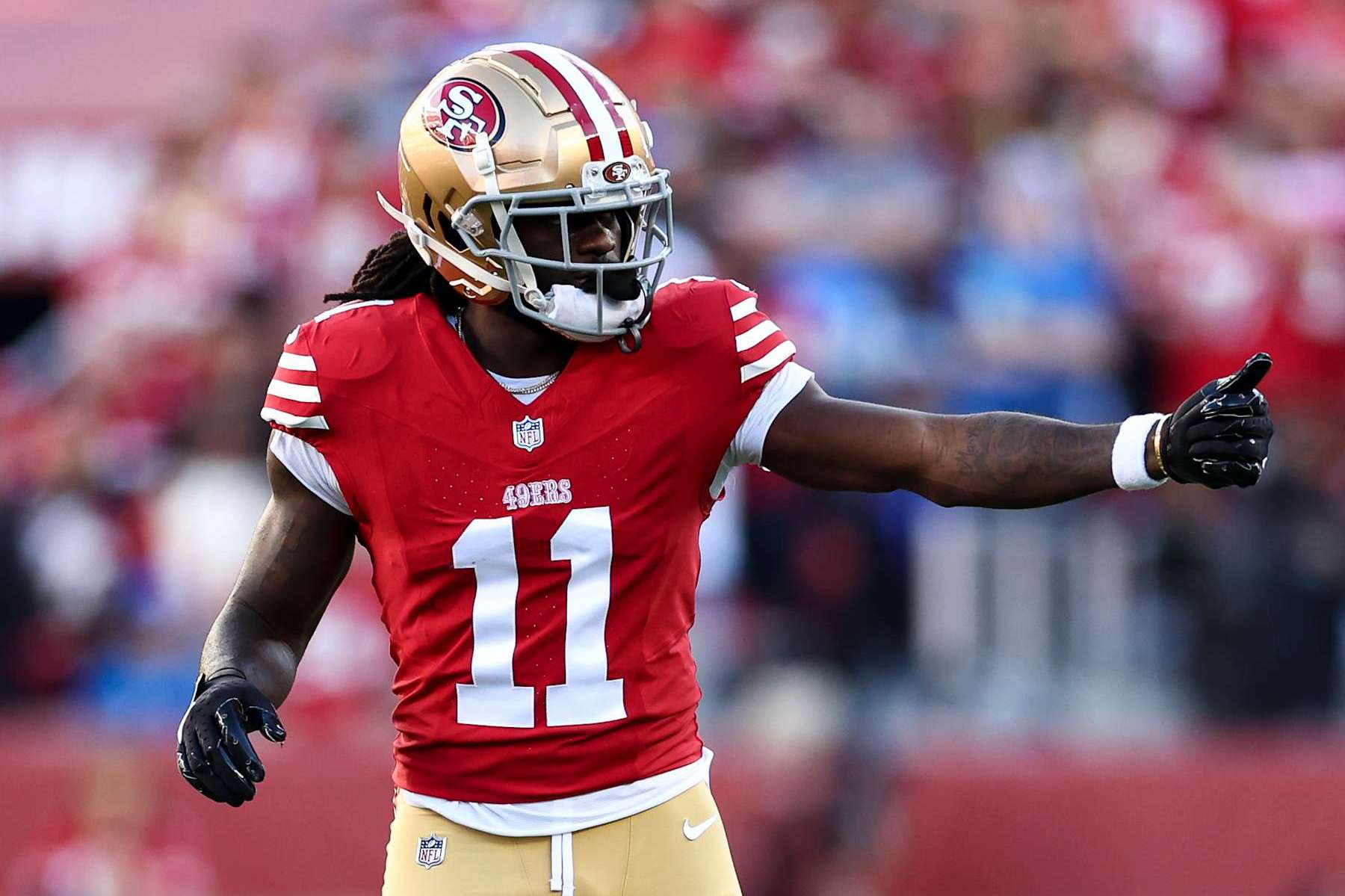 SANTA CLARA, CA - JANUARY 28: Brandon Aiyuk #11 of the San Francisco 49ers lines up before a play during the NFC Championship NFL football game against the Detroit Lions at Levi's Stadium on January 28, 2024 in Santa Clara, California. (Photo by Kevin Sabitus/Getty Images)