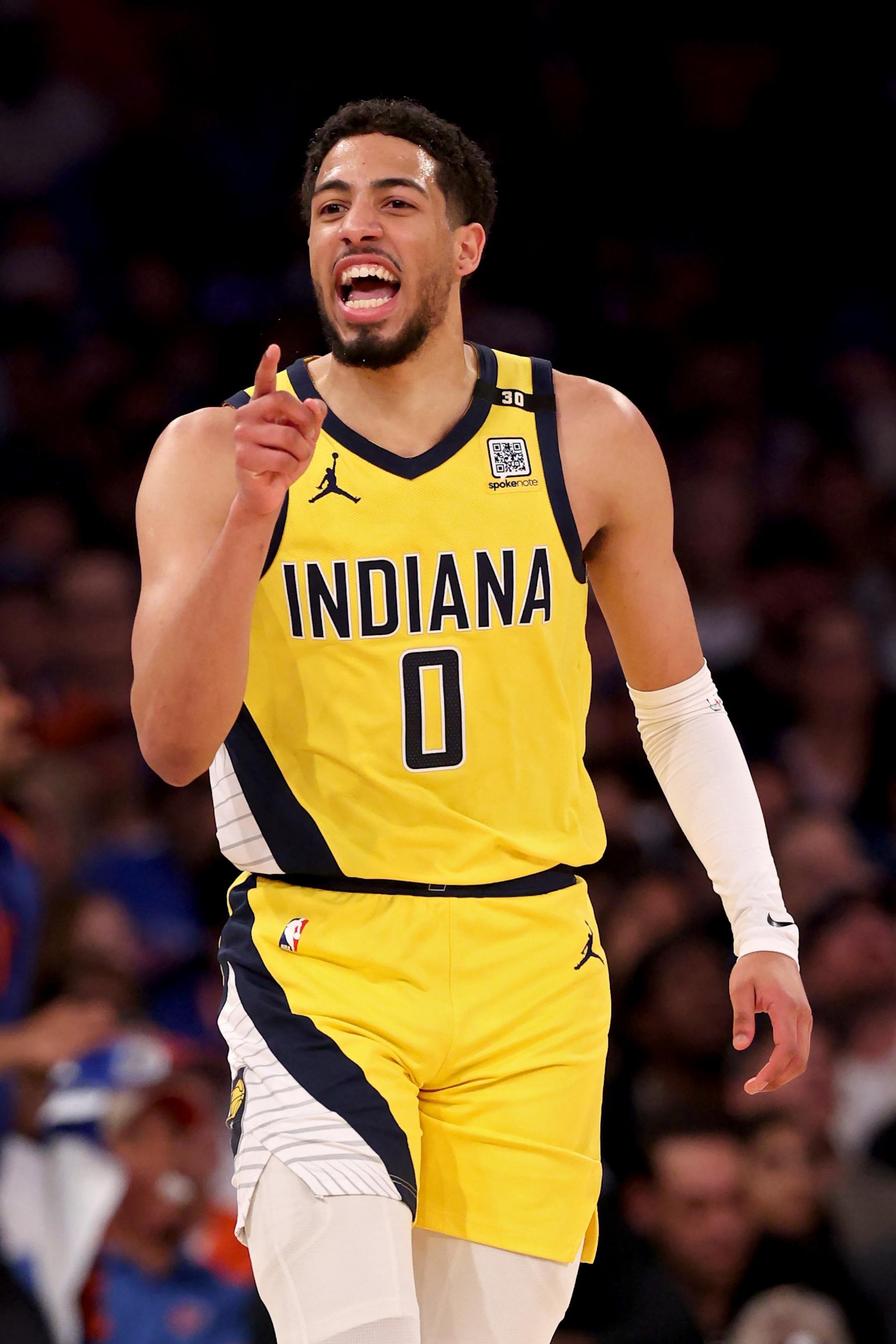 NEW YORK, NEW YORK - MAY 19: Tyrese Haliburton #0 of the Indiana Pacers reacts in the first quarter against the New York Knicks in Game Seven of the Eastern Conference Second Round Playoffs at Madison Square Garden on May 19, 2024 in New York City. NOTE TO USER: User expressly acknowledges and agrees that, by downloading and or using this photograph, User is consenting to the terms and conditions of the Getty Images License Agreement. (Photo by Elsa/Getty Images) NEW YORK, NEW YORK - MAY 19: Tyrese Haliburton #0 of the Indiana Pacers reacts in the first quarter against the New York Knicks in Game Seven of the Eastern Conference Second Round Playoffs at Madison Square Garden on May 19, 2024 in New York City. NOTE TO USER: User expressly acknowledges and agrees that, by downloading and or using this photograph, User is consenting to the terms and conditions of the Getty Images License Agreement. (Photo by Elsa/Getty Images)