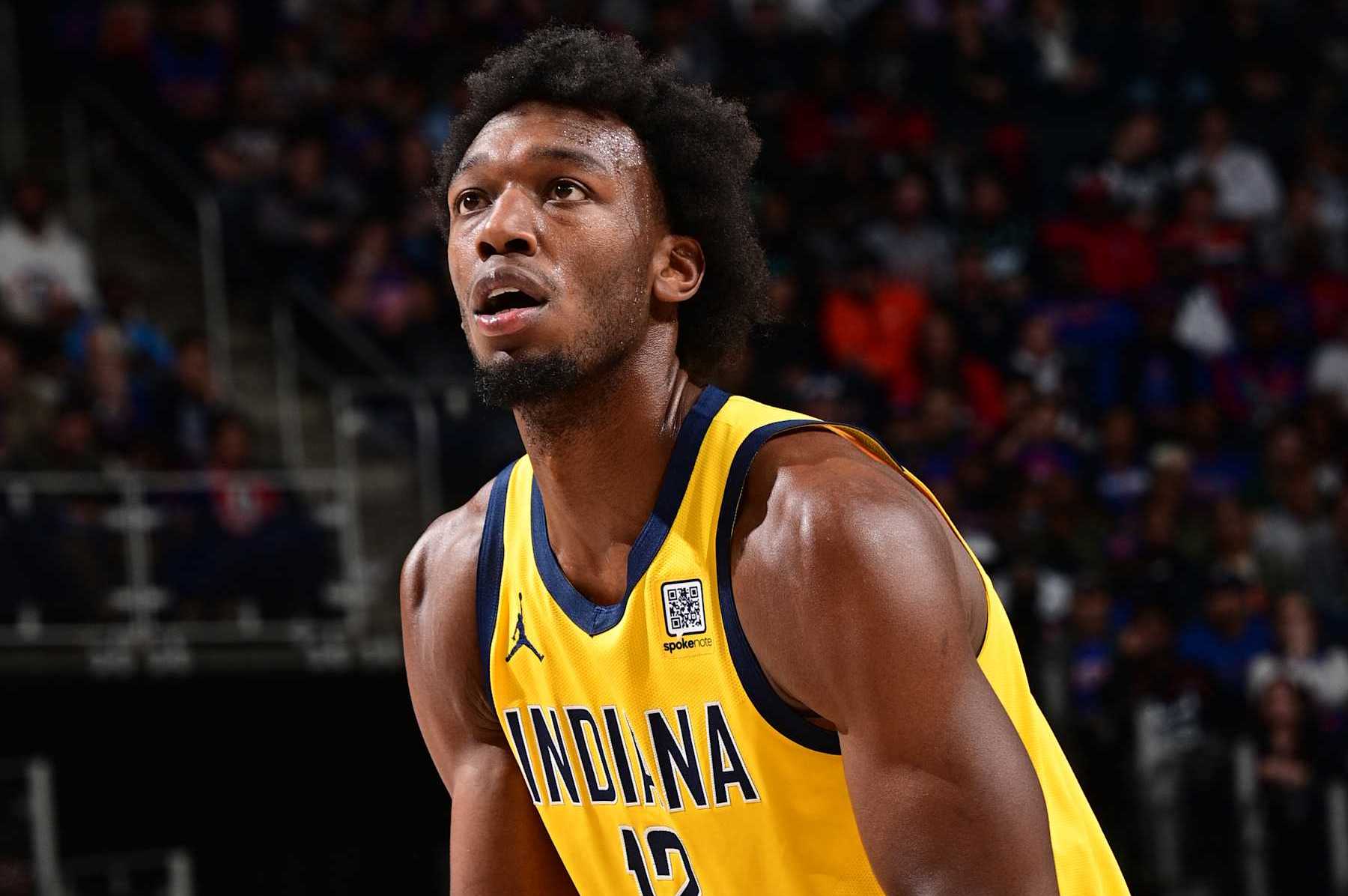 DETROIT, MI - OCTOBER 23: James Wiseman #13 of the Indiana Pacers shoots a free throw during the game against the Detroit Pistons on October 23, 2024 at Little Caesars Arena in Detroit, Michigan. NOTE TO USER: User expressly acknowledges and agrees that, by downloading and/or using this photograph, User is consenting to the terms and conditions of the Getty Images License Agreement. Mandatory Copyright Notice: Copyright 2024 NBAE (Photo by Chris Schwegler/NBAE via Getty Images)