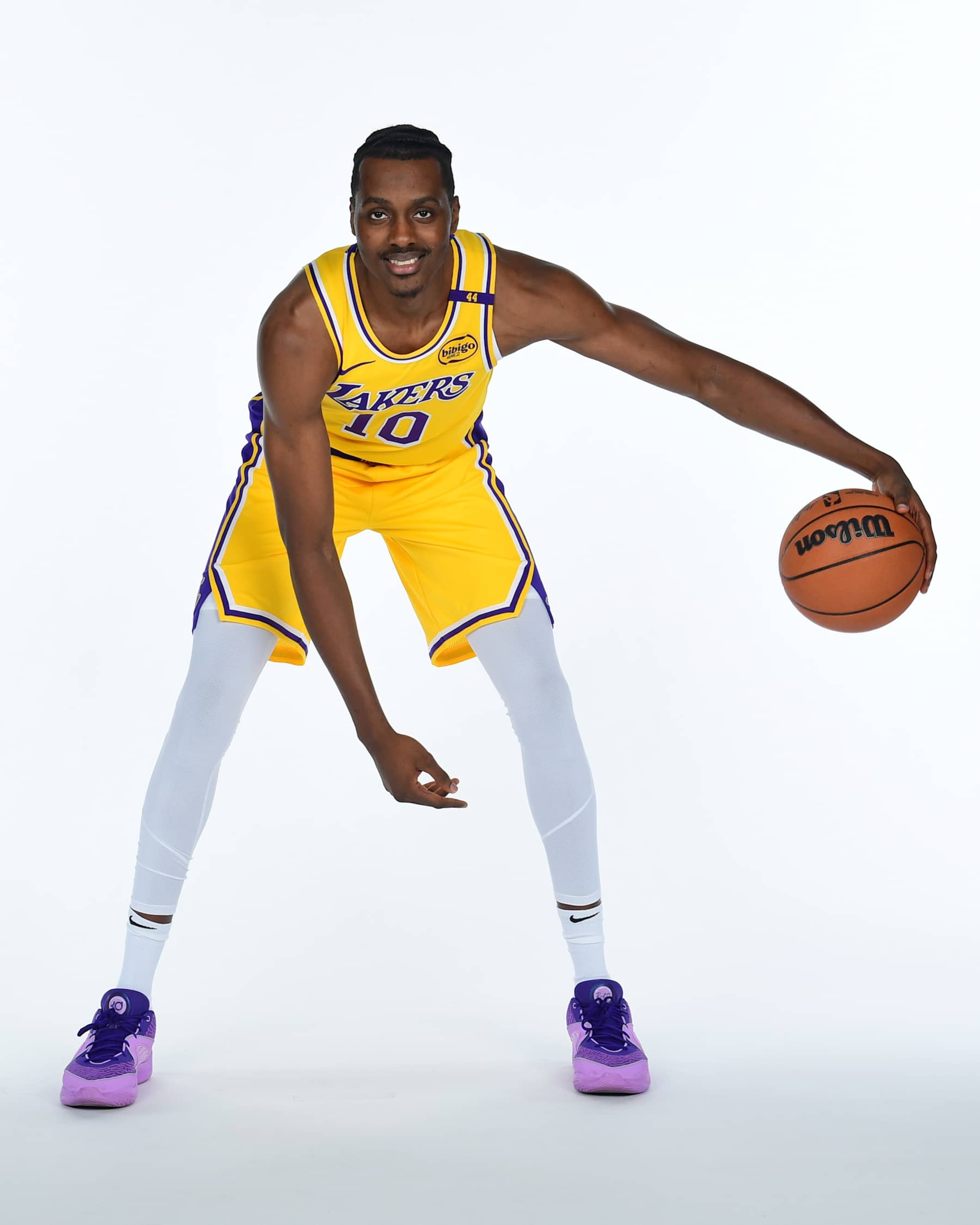 EL SEGUNDO, CA - SEPTEMBER 30: Christian Koloko #10 of the Los Angeles Lakers poses for a portrait during NBA Media Day on September 30, 2024 at UCLA Health Training Center in El Segundo, California. NOTE TO USER: User expressly acknowledges and agrees that, by downloading and or using this photograph, User is consenting to the terms and conditions of the Getty Images License Agreement. Mandatory Copyright Notice: Copyright 2024 NBAE (Photo by Adam Pantozzi/NBAE via Getty Images)