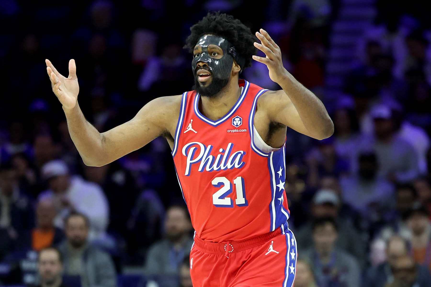 PHILADELPHIA, PENNSYLVANIA - DECEMBER 20: Joel Embiid #21 of the Philadelphia 76ers celebrates a basket during a game against the Charlotte Hornets at the Wells Fargo Center on December 20, 2024 in Philadelphia, Pennsylvania. NOTE TO USER: User expressly acknowledges and agrees that, by downloading and or using this photograph, User is consenting to the terms and conditions of the Getty Images License Agreement. (Photo by Emilee Chinn/Getty Images)