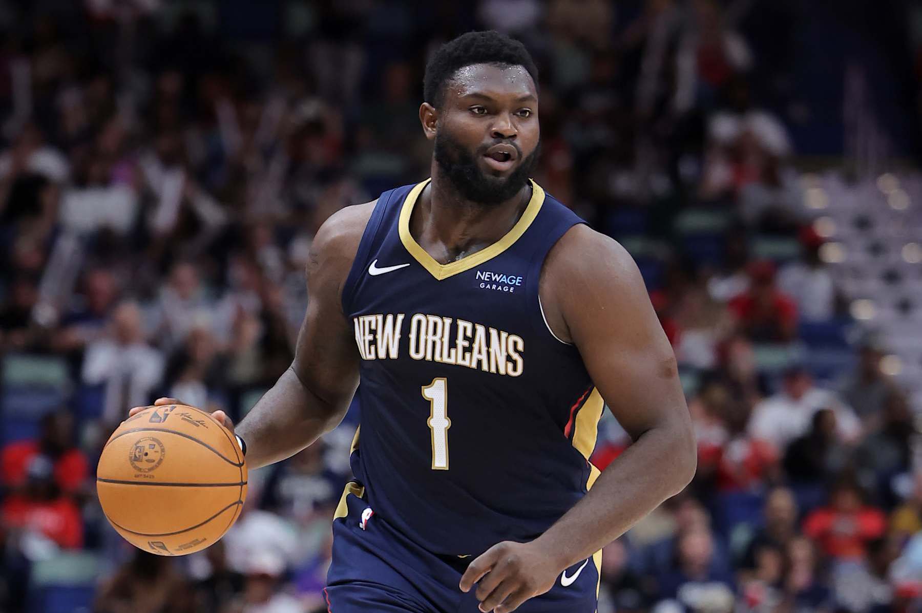 NEW ORLEANS, LOUISIANA - NOVEMBER 06: Zion Williamson #1 of the New Orleans Pelicans drives with the ball against the Cleveland Cavaliers during the first half at the Smoothie King Center on November 06, 2024 in New Orleans, Louisiana. NOTE TO USER: User expressly acknowledges and agrees that, by downloading and or using this Photograph, user is consenting to the terms and conditions of the Getty Images License Agreement. (Photo by Jonathan Bachman/Getty Images)